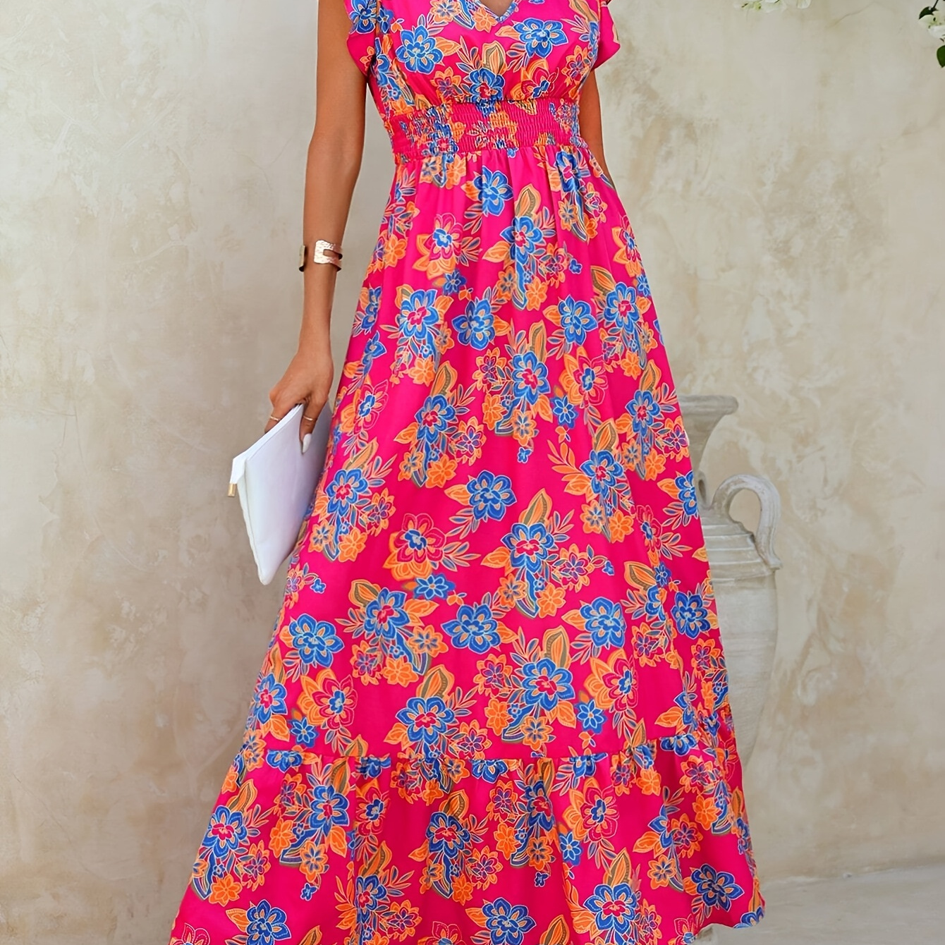 

1pc Women’s Floral Print V-neck Maxi Dress - Short Sleeve, A-line Silhouette, Vibrant Pink & Blue , Summer Vacations, Resort Fashion Attire | Gathered Waist Dress | Polyester Fabric, Floral Dress