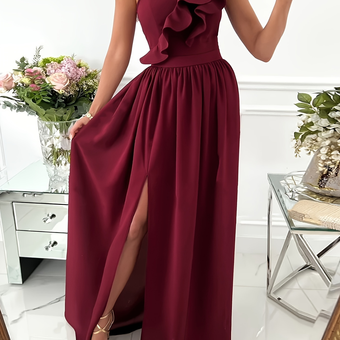 

Ruffle Trim 1 Shoulder Dress, Elegant Split Ruched Floor Length Dress For Party & Banquet, Women's Clothing For Elegant Dressing