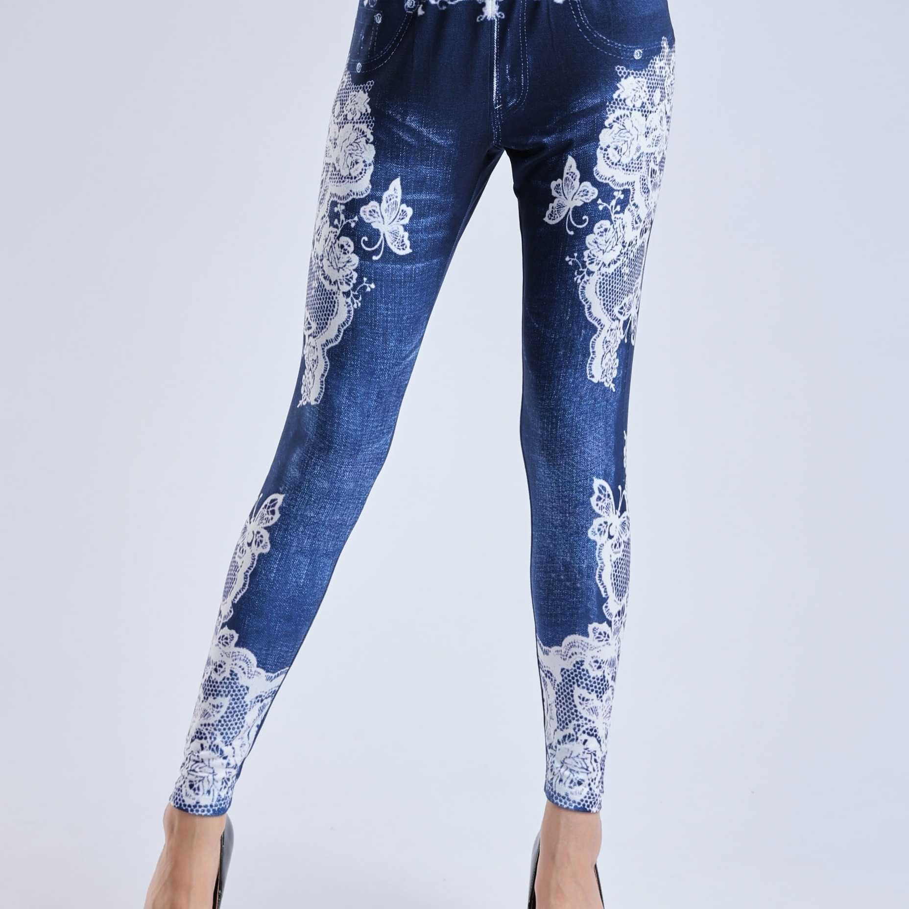 

Denim Print Skinny Leggings, Casual Elastic Waist Stretchy Leggings, Women's Clothing