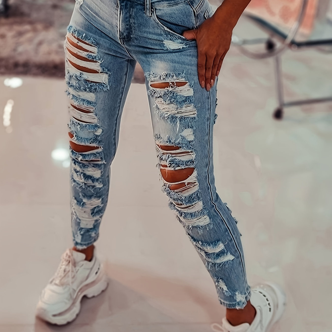 

Plus Size Low-rise Plain Washed Blue Skinny Ripped Jeans, Casual Zipper Button Closure Skinny Women's Denim Pants