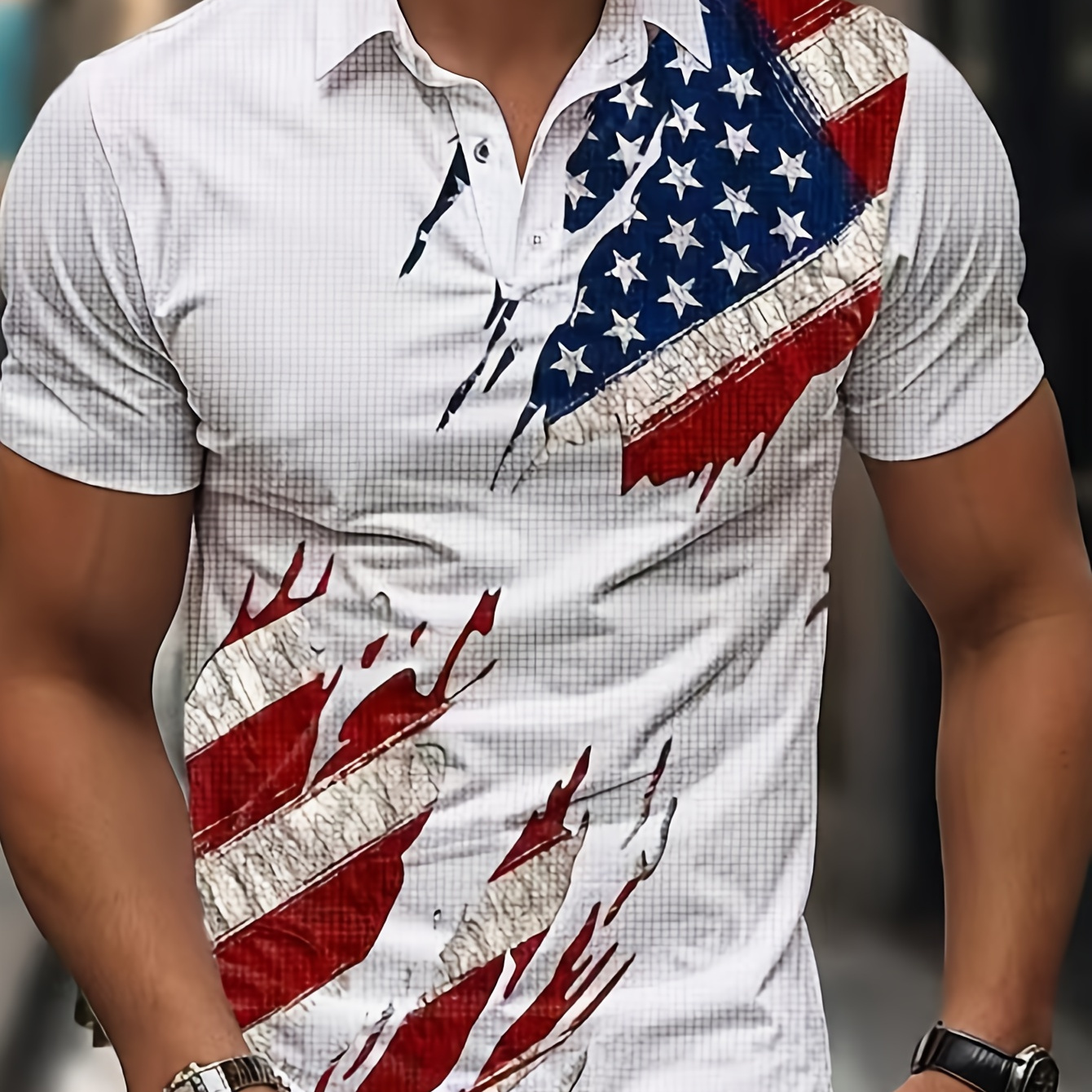 

Men's Casual Henry Shirt - Stylish Lapel Zipper, Short Sleeve, 3d Flag Print Top, Casual, Printed Top