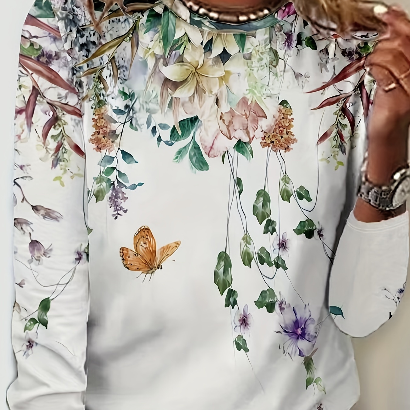 

Plus Size Casual T-shirt, Women's Plus Floral Print Long Sleeve Round Neck T-shirt