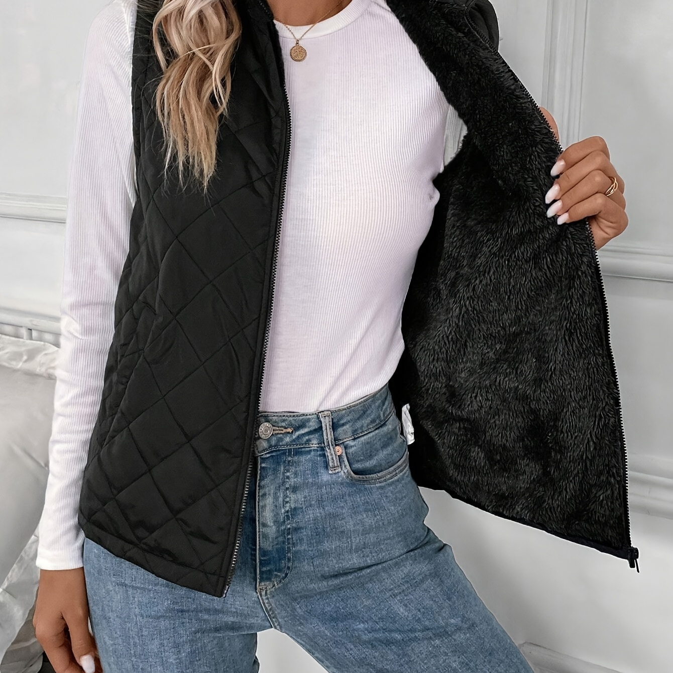 

Zip-up Quilted Puffy Vest, Casual Sleeveless Pockets Faux Fur Lined Warm Vest For Fall & Winter, Women's Clothing