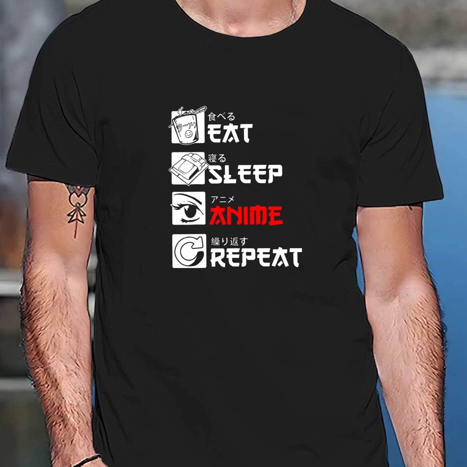 

'eat Sleep Anime Repeat' Print Men's Graphic T-shirt, Breathable Comfy Short Sleeve Casual Tee For Summer