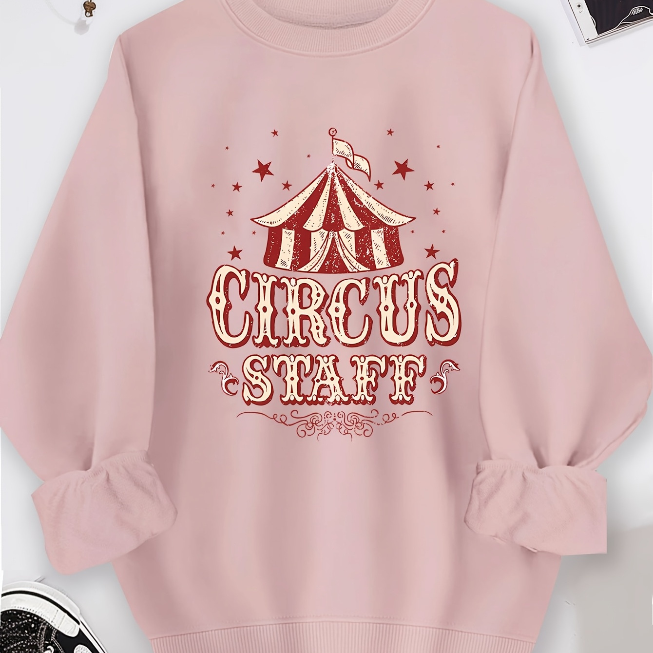 

1pc Circus Staff Graphic Sweatshirt, 100% Polyester Crew Neck Long Sleeve Pullover, Casual Fall Fashion With Stretch Knit Fabric