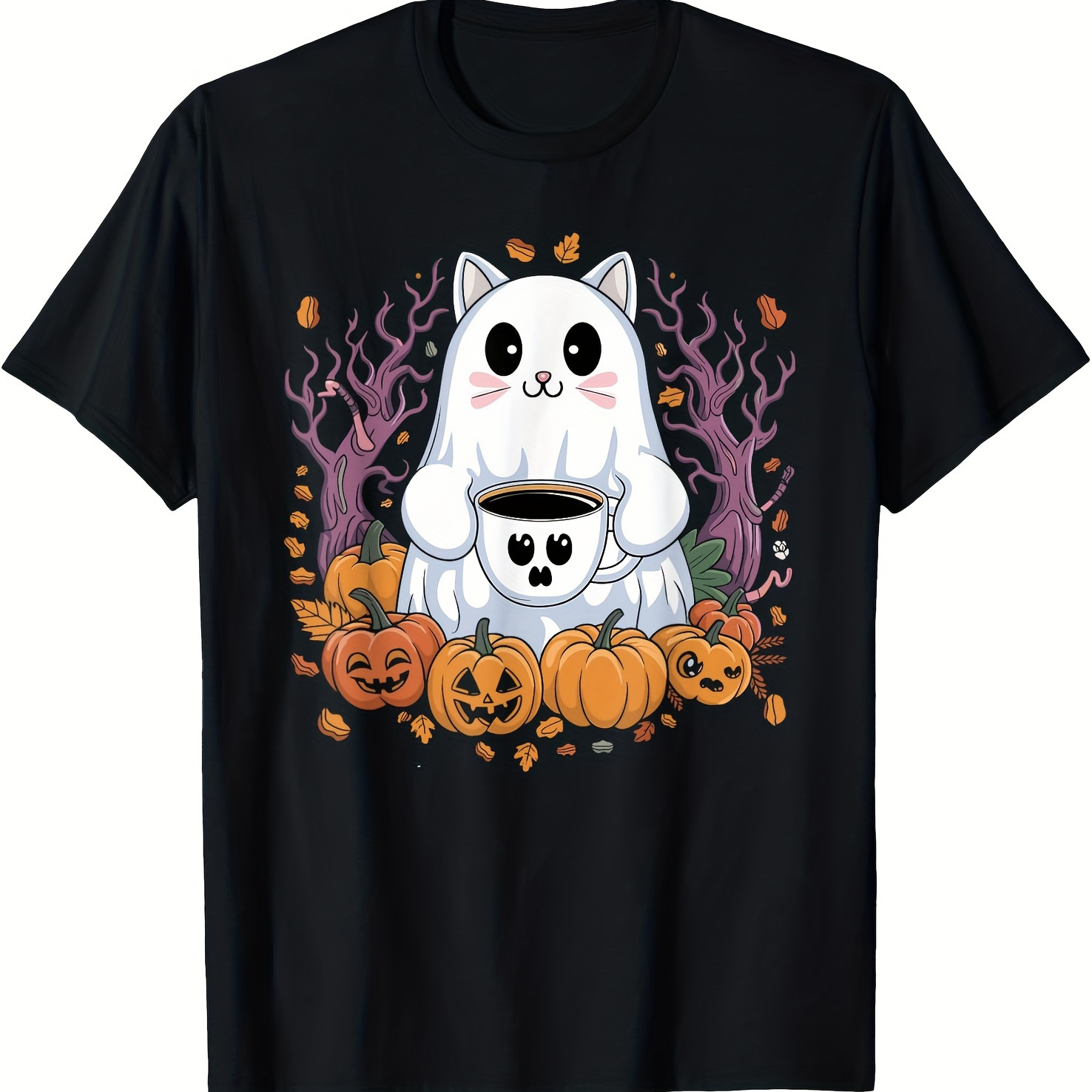 

Cat Coffee Pumpkin Printed T-shirt Comfortable Breathable, Casual Short Sleeve, Daily Wear, All Season, Black, Men 220g