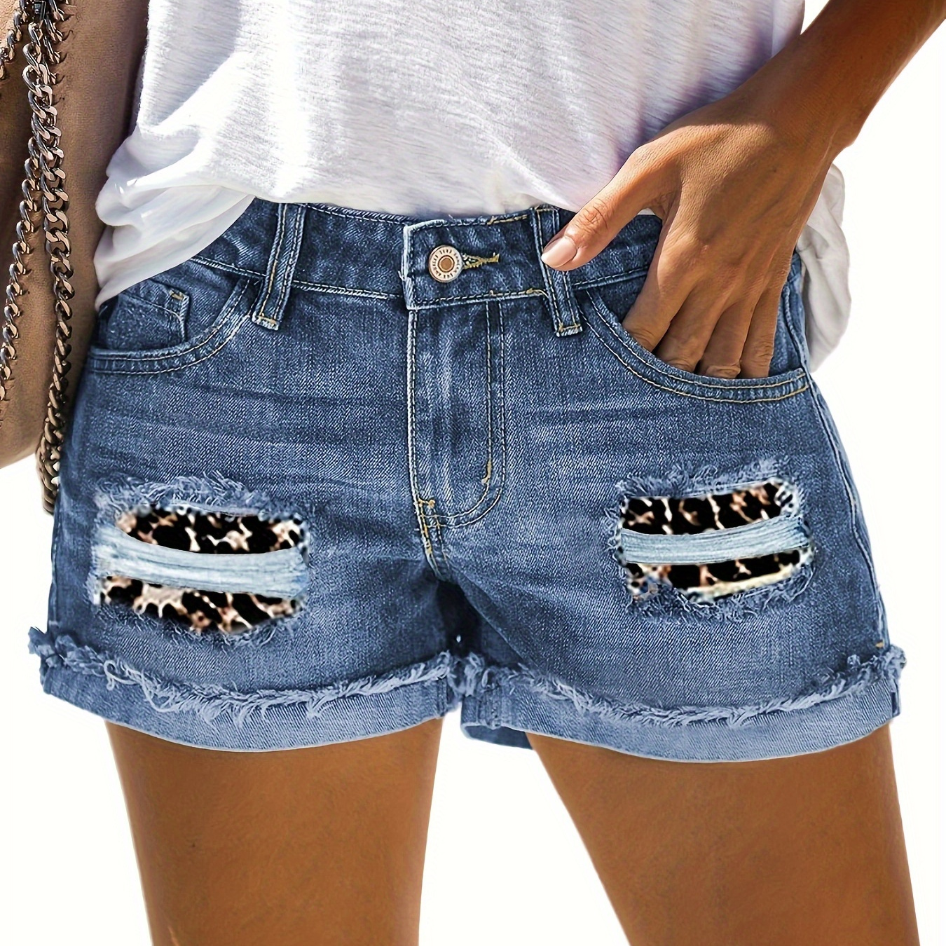 

Leopard Patchwork Jean Shorts, Ripped & Repaired Relaxed Fit Raw Folded Hem Denim Boy Shorts, Women's Denim Jeans & Clothing
