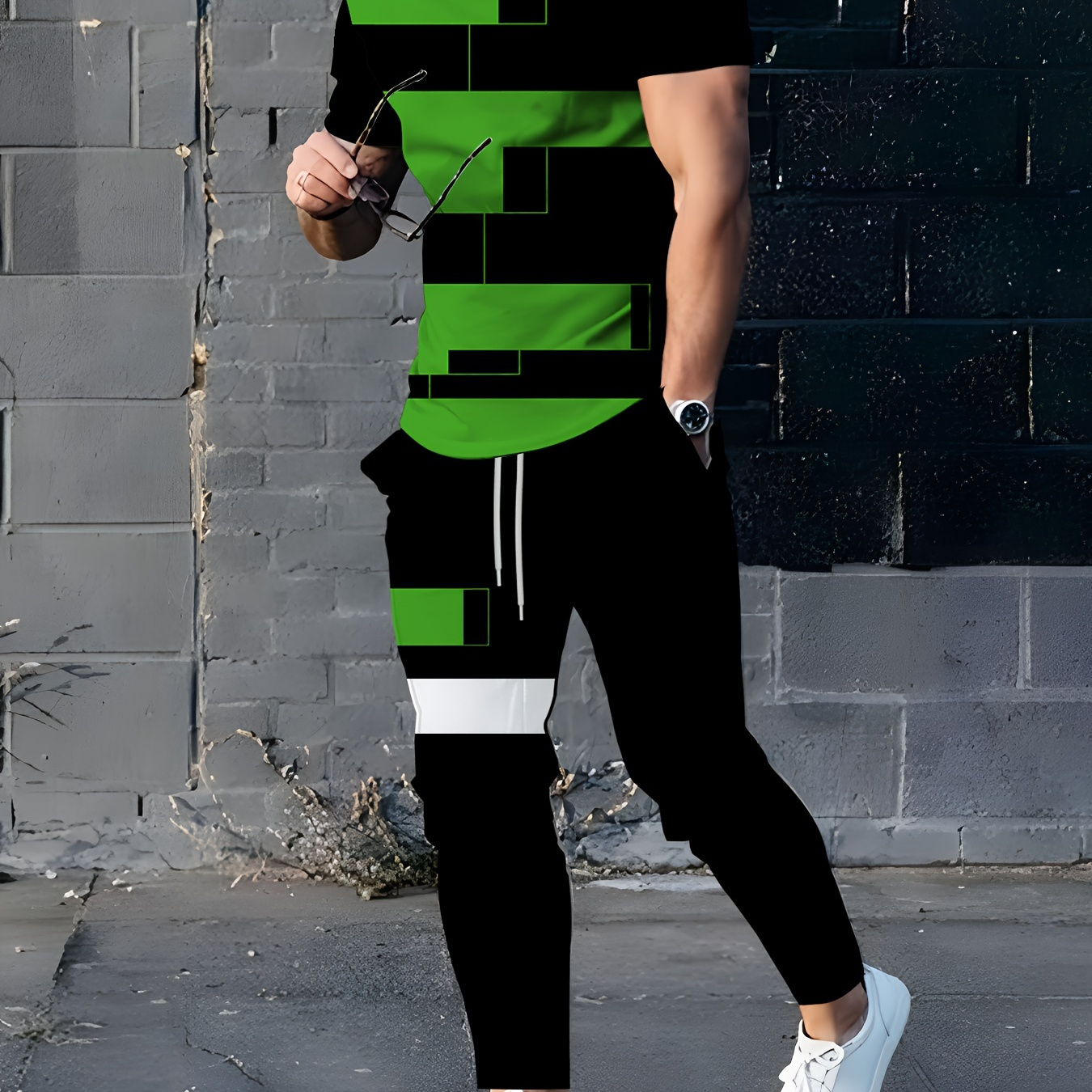 

Men's 3d Printed Athletic Set - Crew Neck Short Sleeve Tee & Drawstring Pants, Machine Washable, Casual