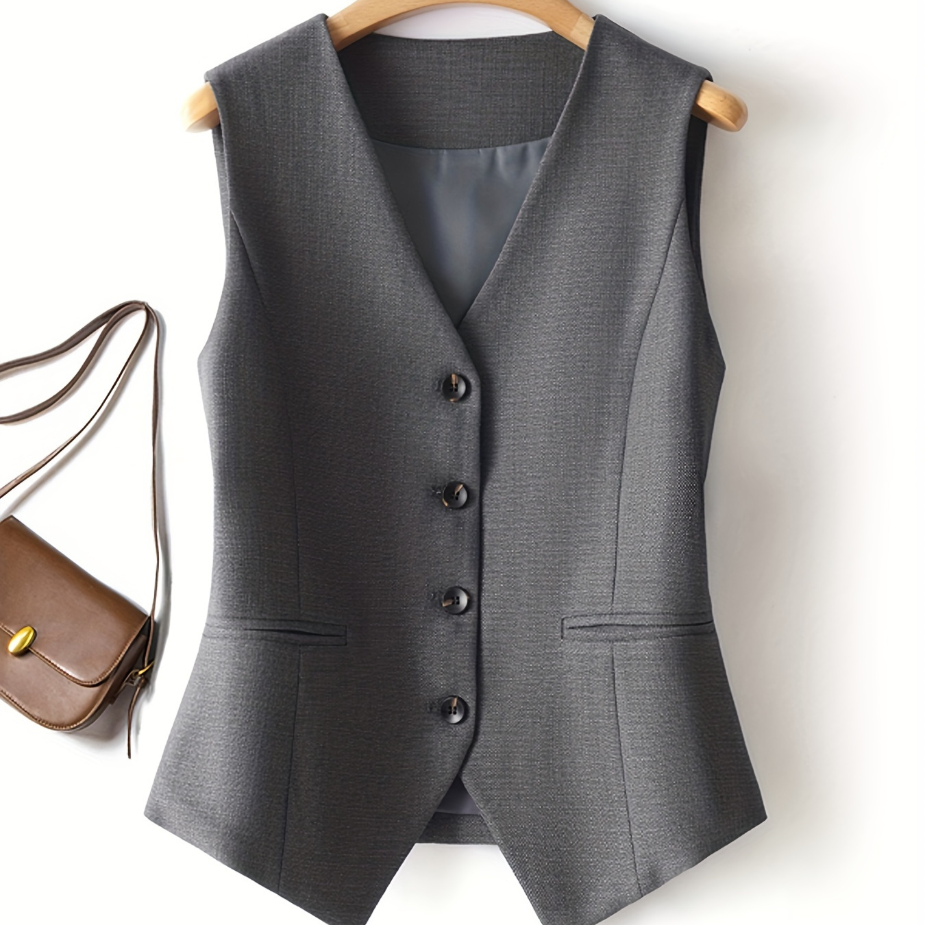 

Elegant Polyester Vest For Women, V-neck Sleeveless Dress Vest With Single Breasted And Flared Hem, Non-stretch Solid Color Waistcoat With Fake Pockets, Spring/fall - Fully Lined