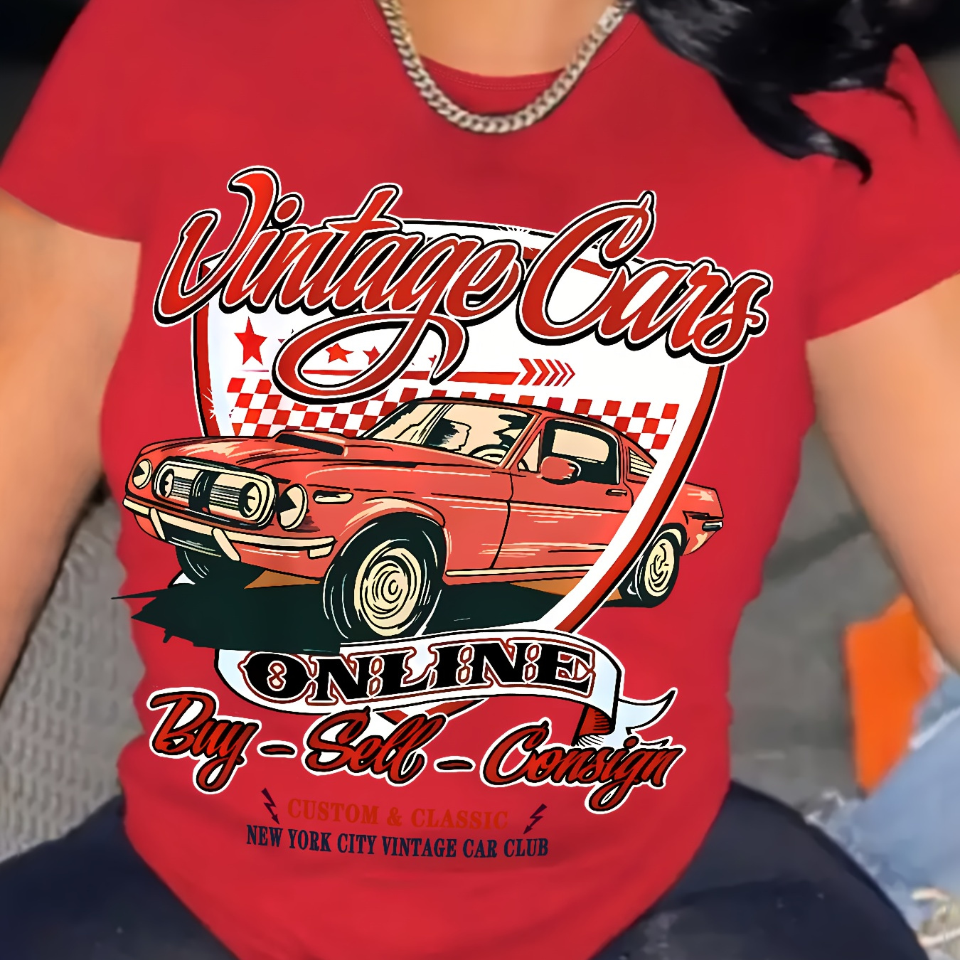 

Women's Vintage Cars Graphic T-shirt, Casual Loose Fit Summer Tee, Classic Car Enthusiast Top, Stylish Retro Streetwear