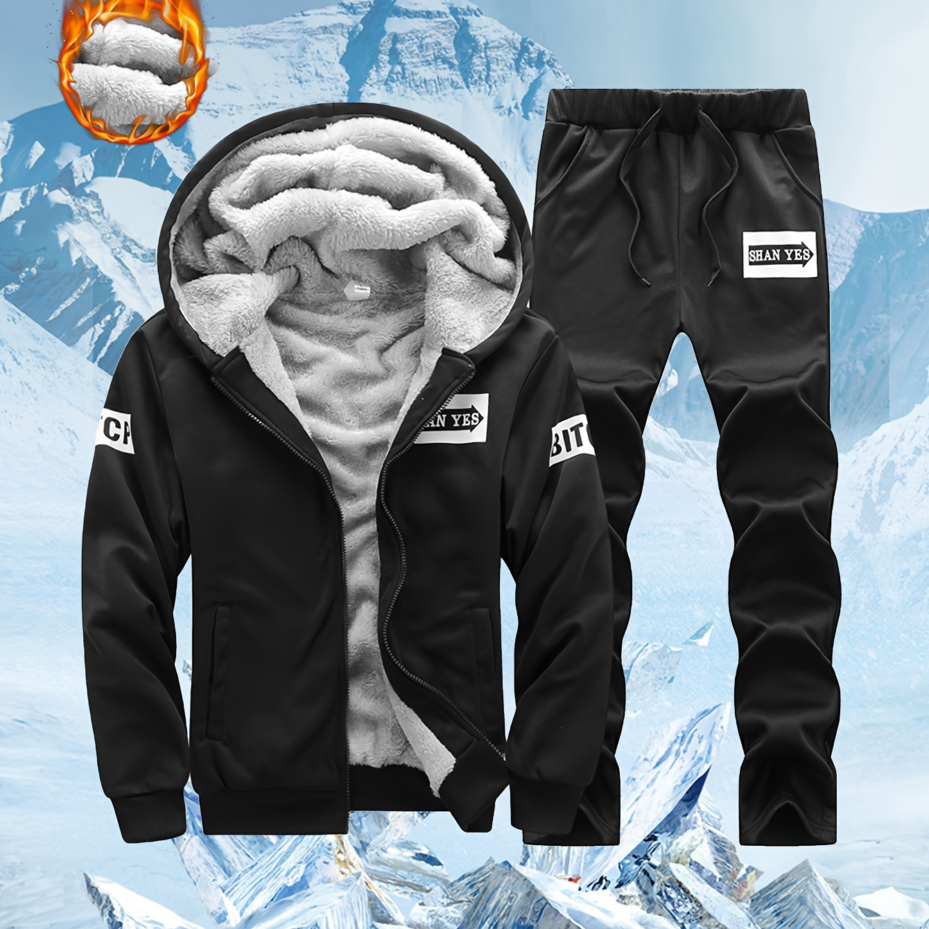 

Men's Winter Fleece-lined Hoodie & Sweatpants Set - Casual, Polyester, Solid Color With Pockets