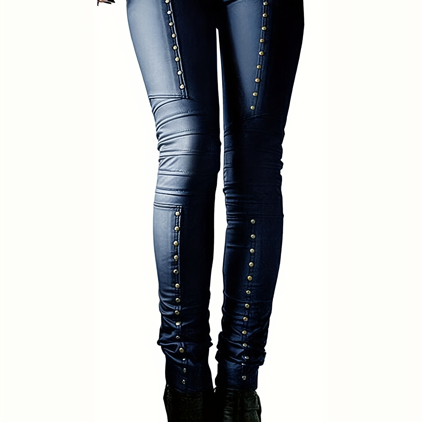 

Women's Faux Leather Leggings Gothic Punk Skinny Pu Leather Pants Mid Rise Novelty Studded Tight Pants