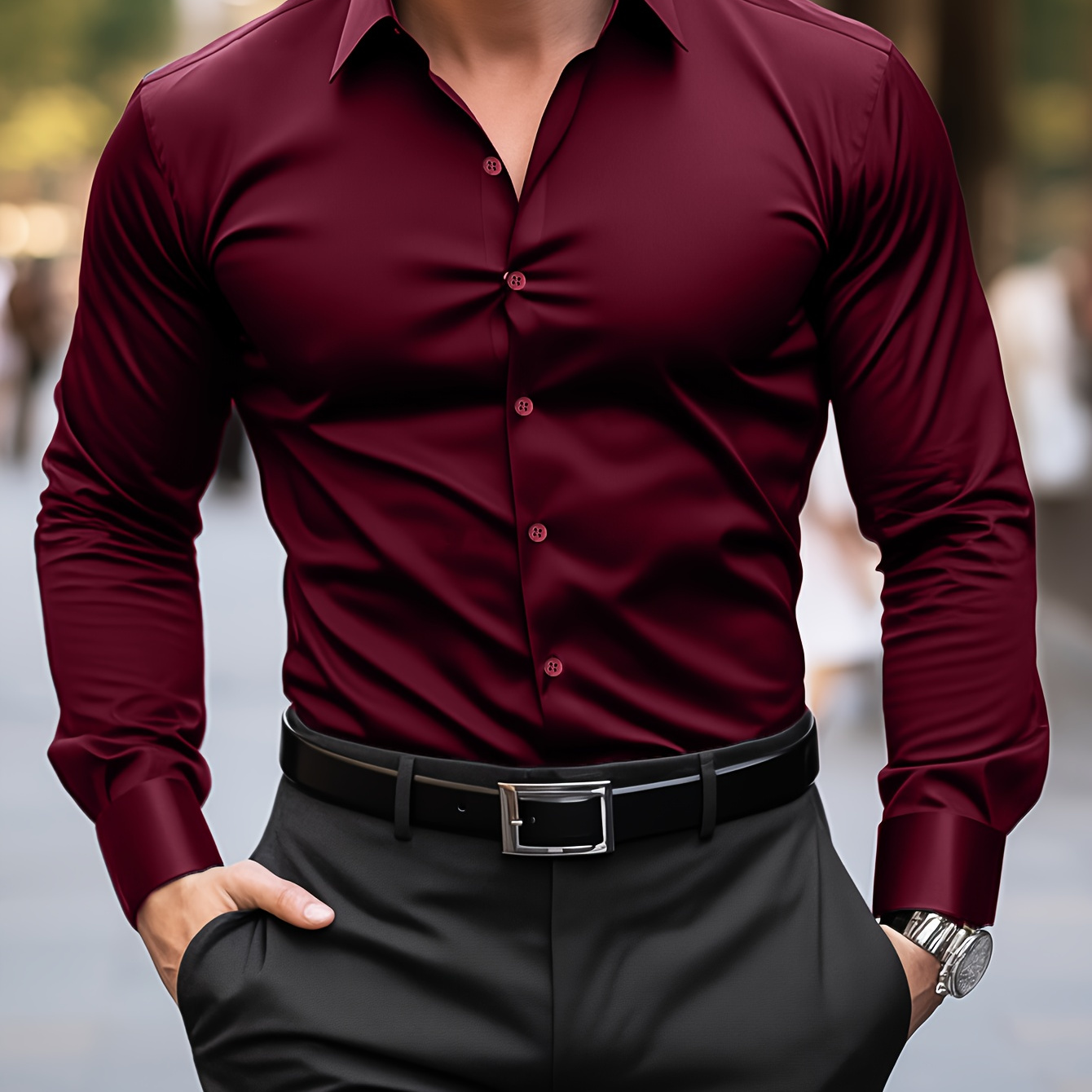 

Men's Slim-fit Dress Shirt | Burgundy Polyester | Glossy | Machine Washable & Safe | Classic Button- Collar | Formal Wear, | Shirt | Polyester Fabric