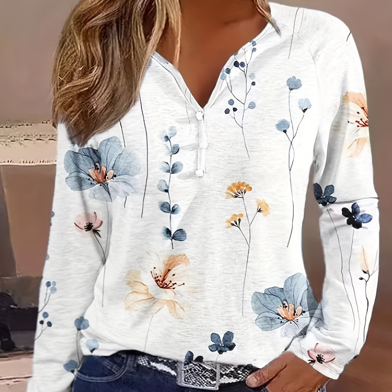 

T-shirt à boutons à imprimé floral, haut à manches longues décontracté pour le printemps et l'automne, vêtements pour femmes