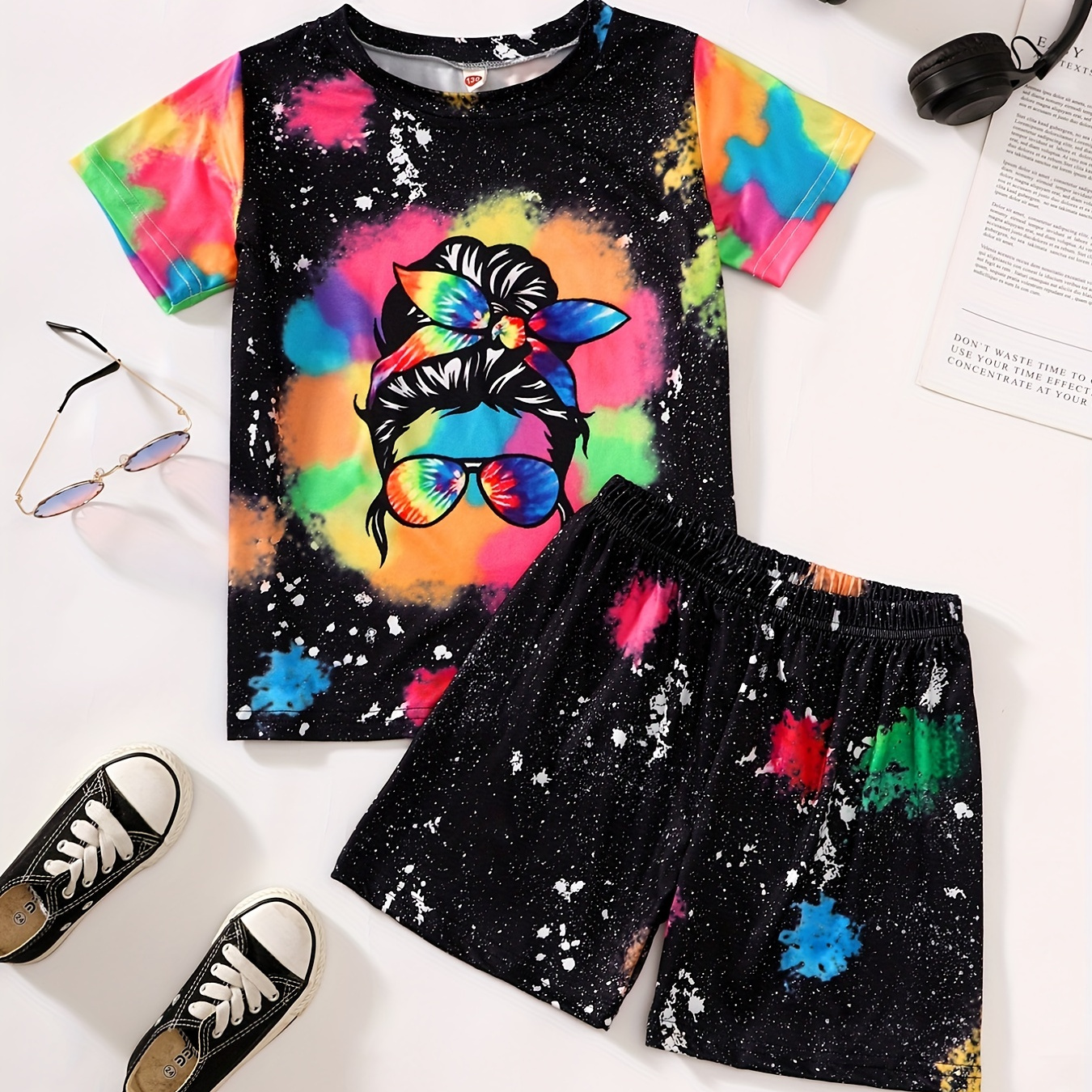 

2pcs Girls Clothes Tie-dyed Portrait Graphic Short Sleeve T Shirt Top & Casual Shorts Set For Sports Yoga Leisure Vacation Outwear Kids Summer Outfit