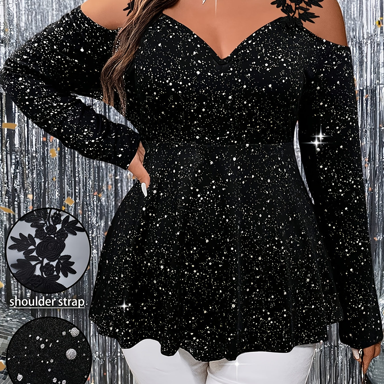 

Size Black Sequined Blouse For Women - V-neck, Cold Shoulder Long Sleeves With Decorative Straps, , Plus Size Blouses