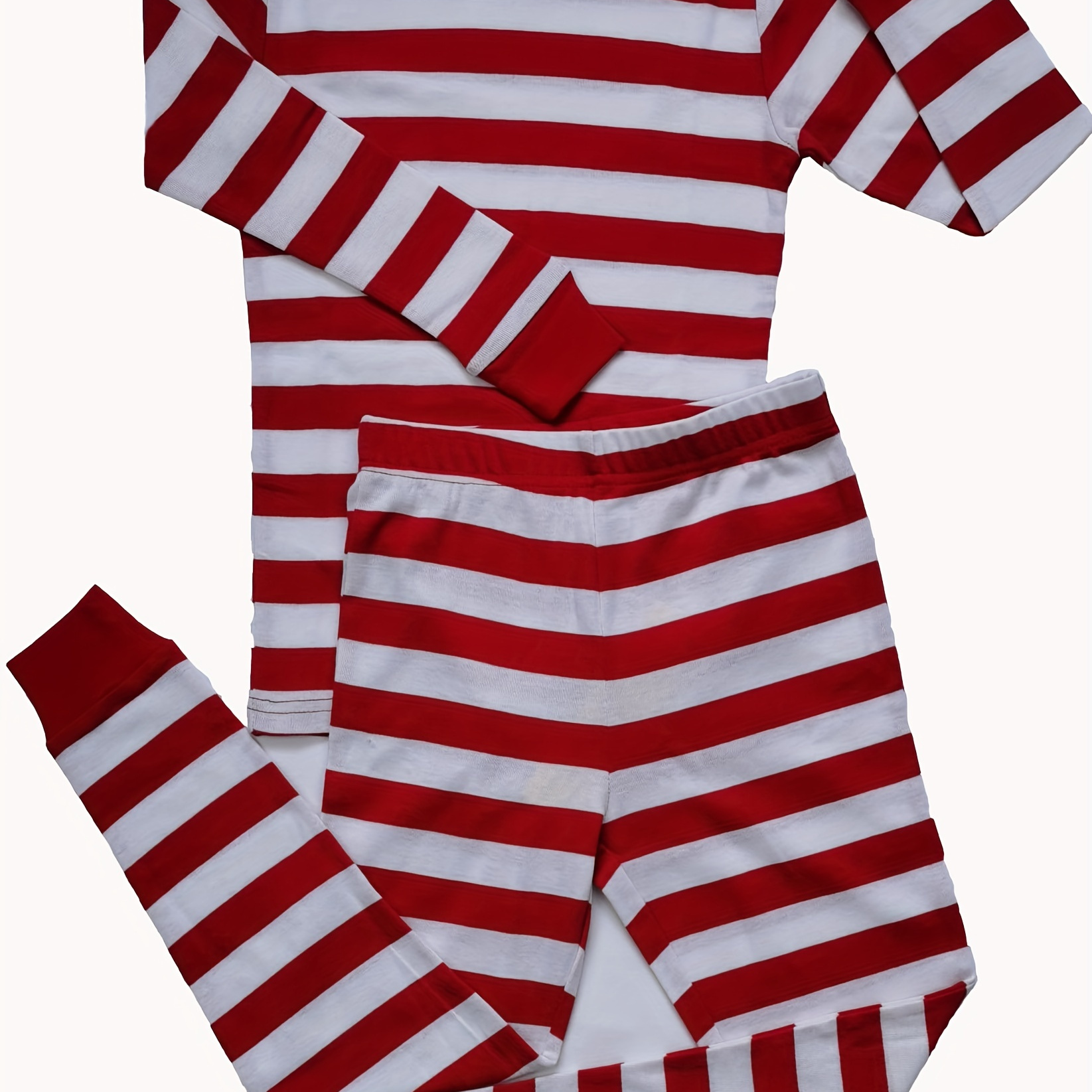 

Children's Home Wear Round Neck Long-sleeved Top With Elastic Waist Long Pants Red And White Woven Stripe Pajamas Set