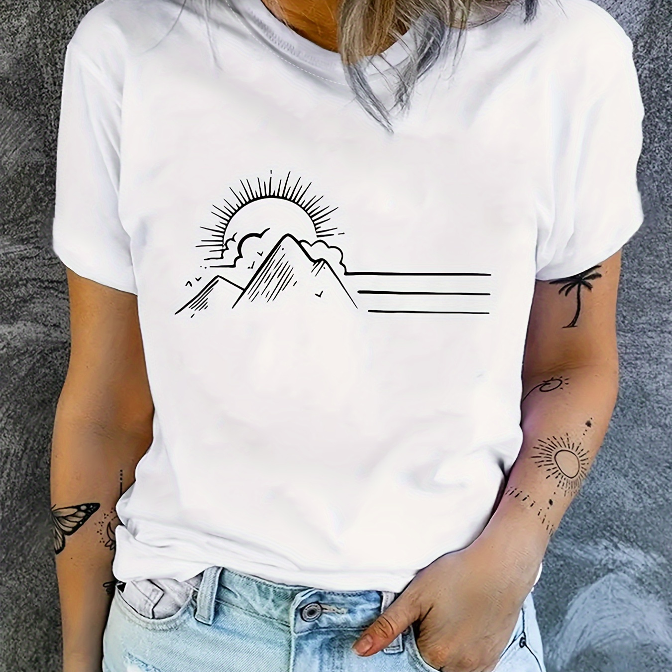 

Sunset & Mountains Print T-shirt, Short Sleeve Crew Neck Casual Top For Summer & Spring, Women's Clothing