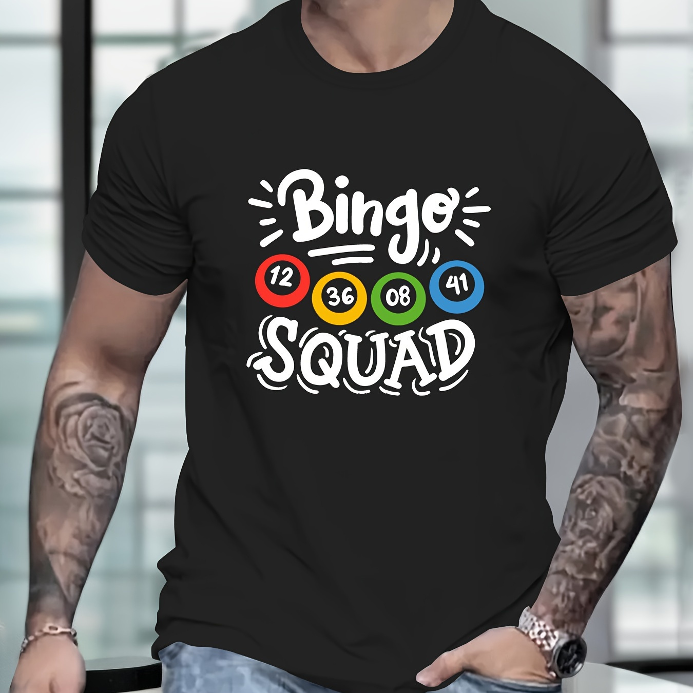 

Bingo Print, Men's Round Crew Neck Short Sleeve, Simple Style Tee Fashion Regular Fit T-shirt, Casual Comfy Breathable Top For Spring Summer Holiday Leisure Vacation Men's Clothing As Gift