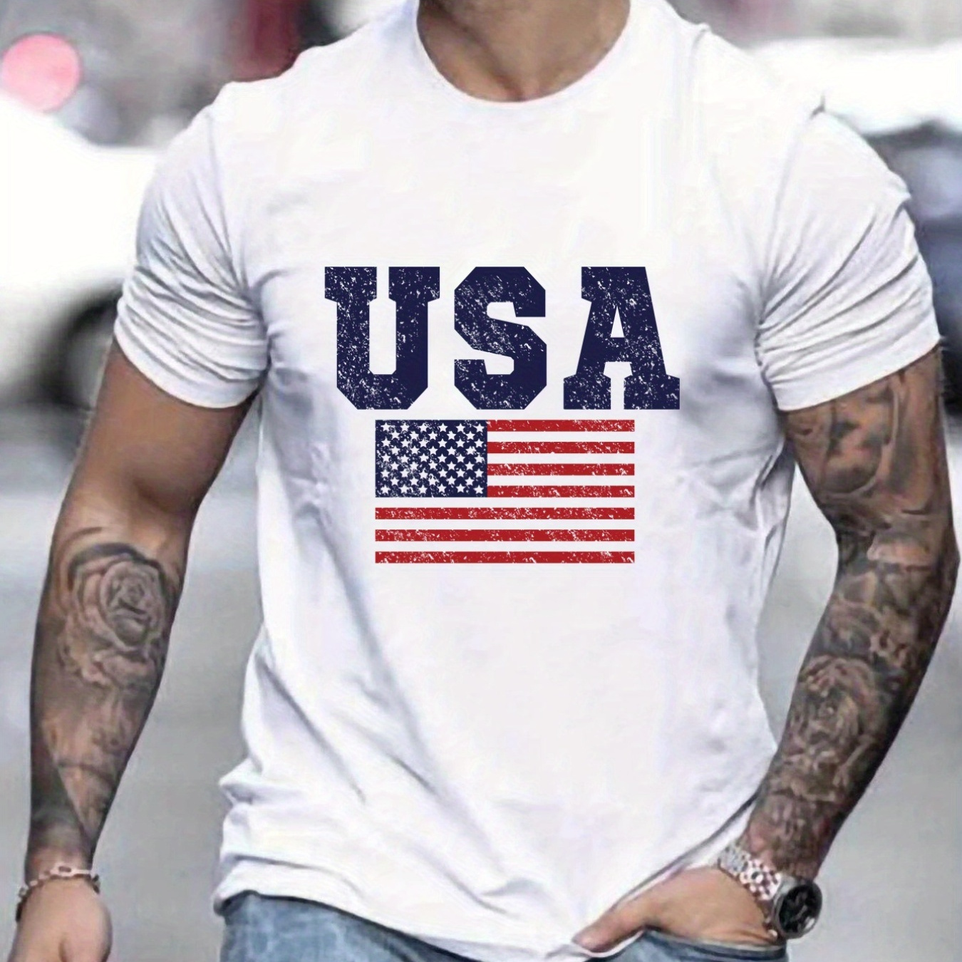 

'usa' Pattern Print Men's Comfy T-shirt, Graphic Tee Men's Summer Outdoor Clothes, Men's Clothing, Tops For Men