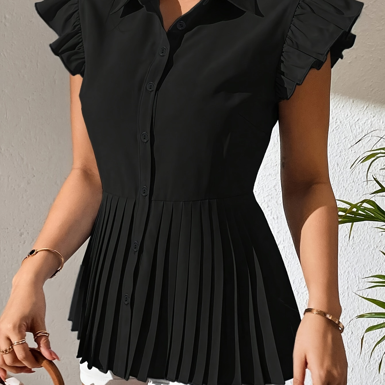 

Solid Color Pleated Blouse, Elegant Button Front Ruffle Trim Slim Blouse, Women's Clothing