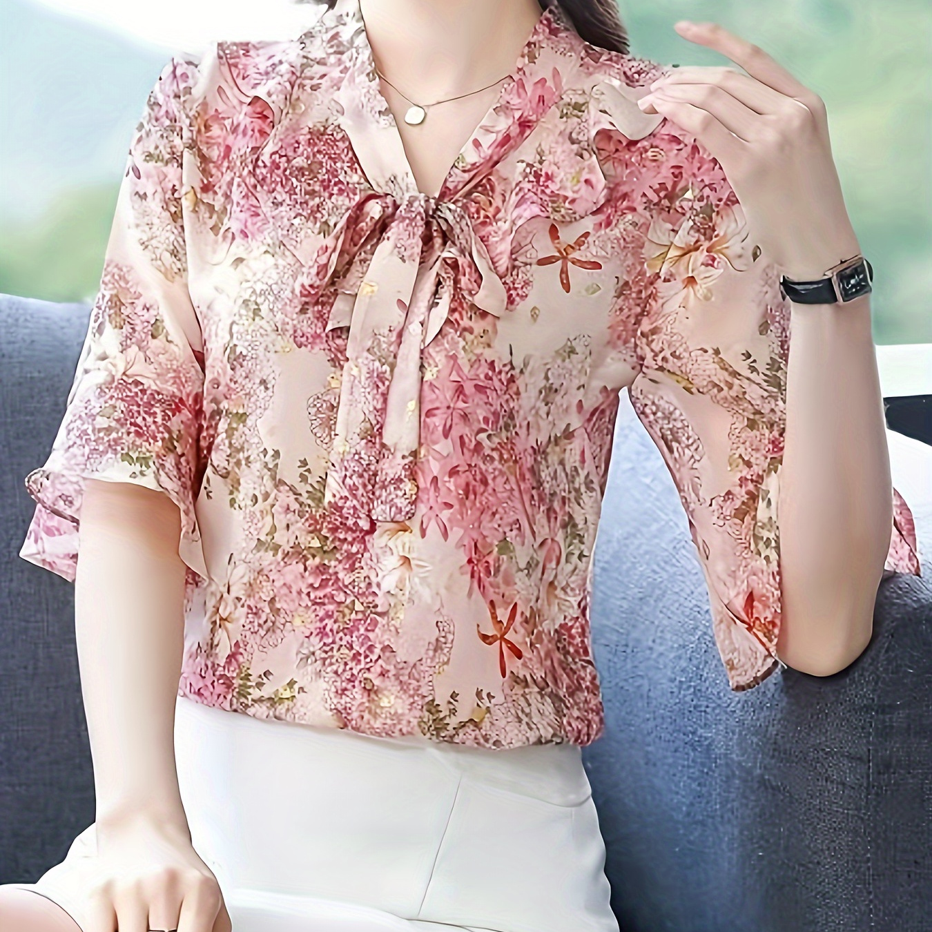 

Floral Print Tie Neck Blouse, Elegant Flare Sleeve Blouse For Spring & Fall, Women's Clothing