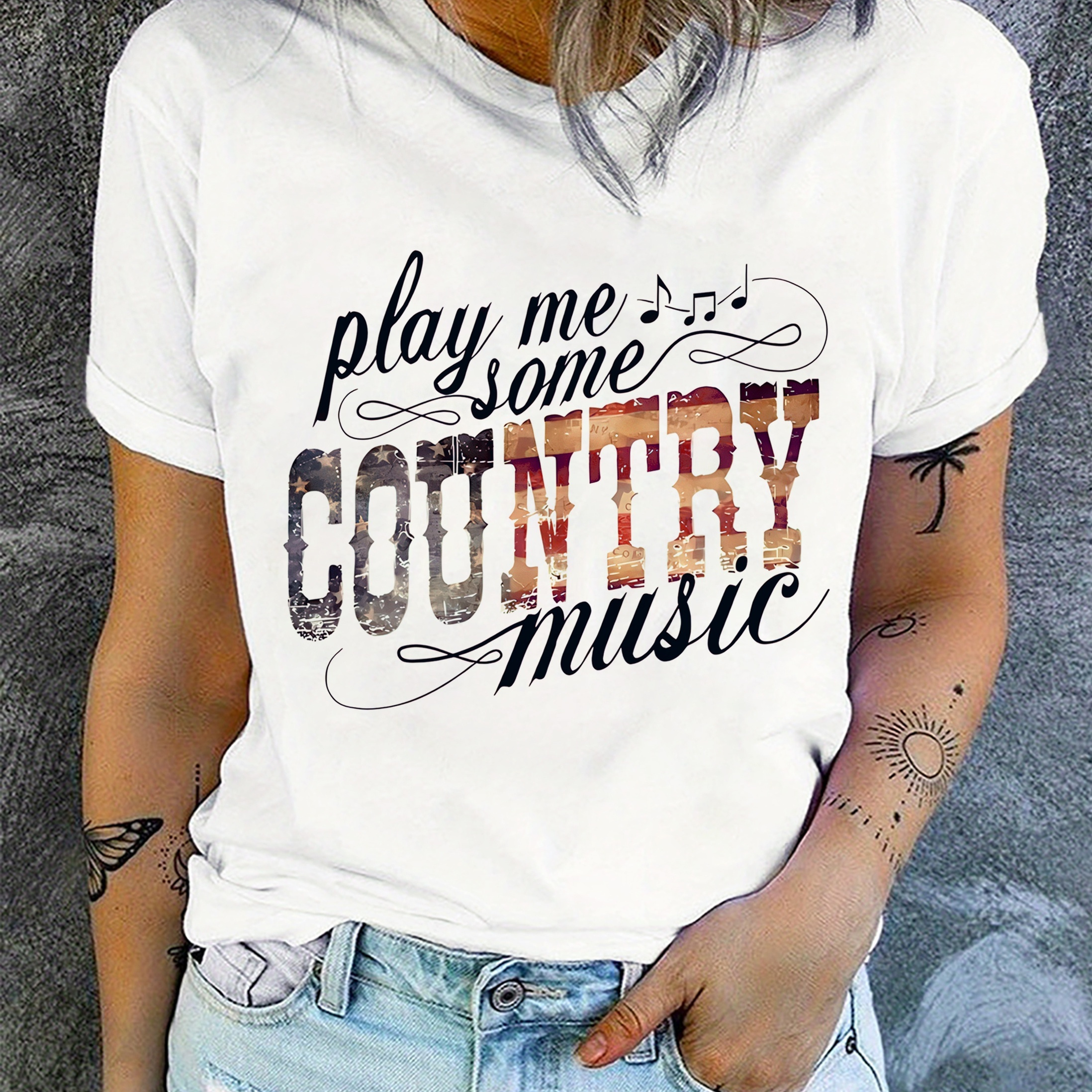 

T-shirt de musique country pour femmes - Haut en décontracté à col rond et manches courtes avec motif de lettres en de couleurs - Mélange de polyester et d'élasthanne - Confort toutes