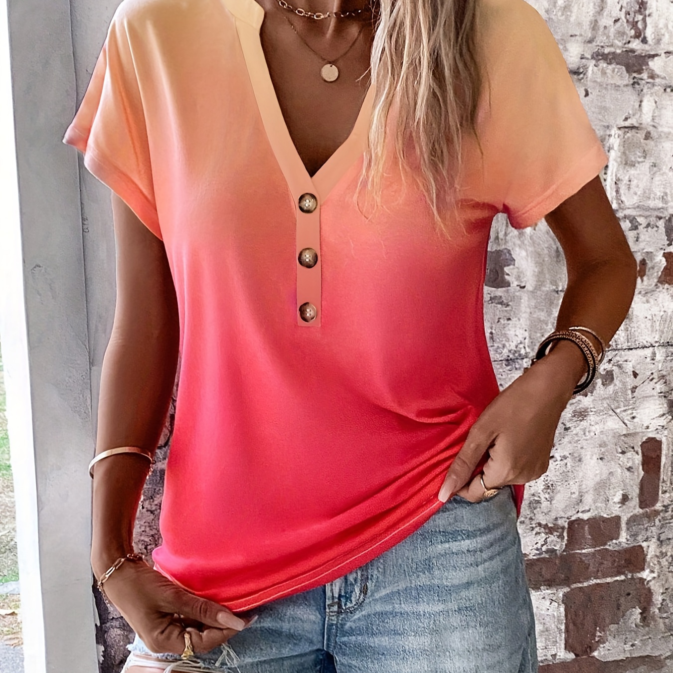 

Gradient Button Front T-shirt, Casual V Neck Short Sleeve Summer T-shirt, Women's Clothing