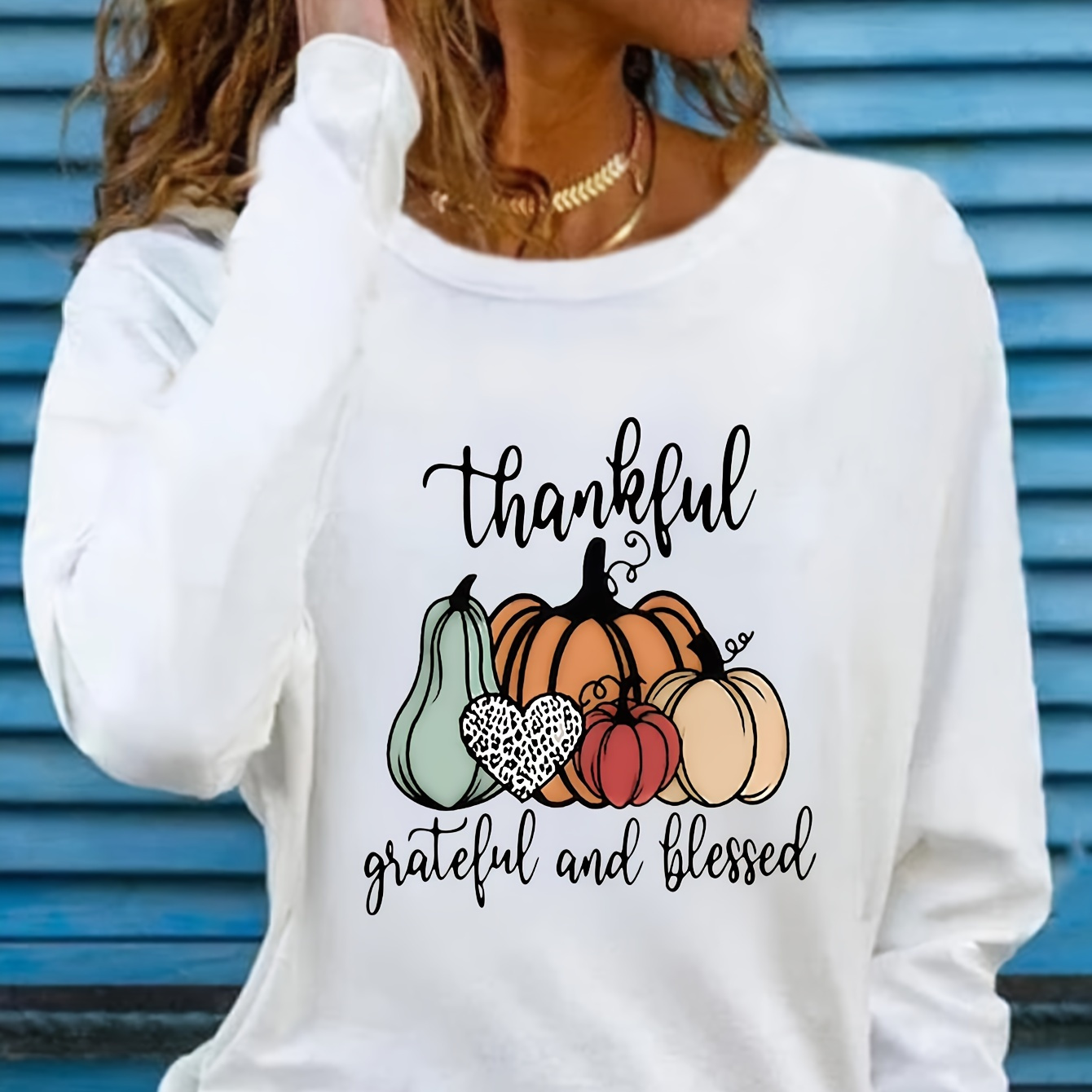 

Pumpkin & Letter Print T-shirt, Long Sleeve Crew Neck Casual Top For Spring & Fall, Women's Clothing