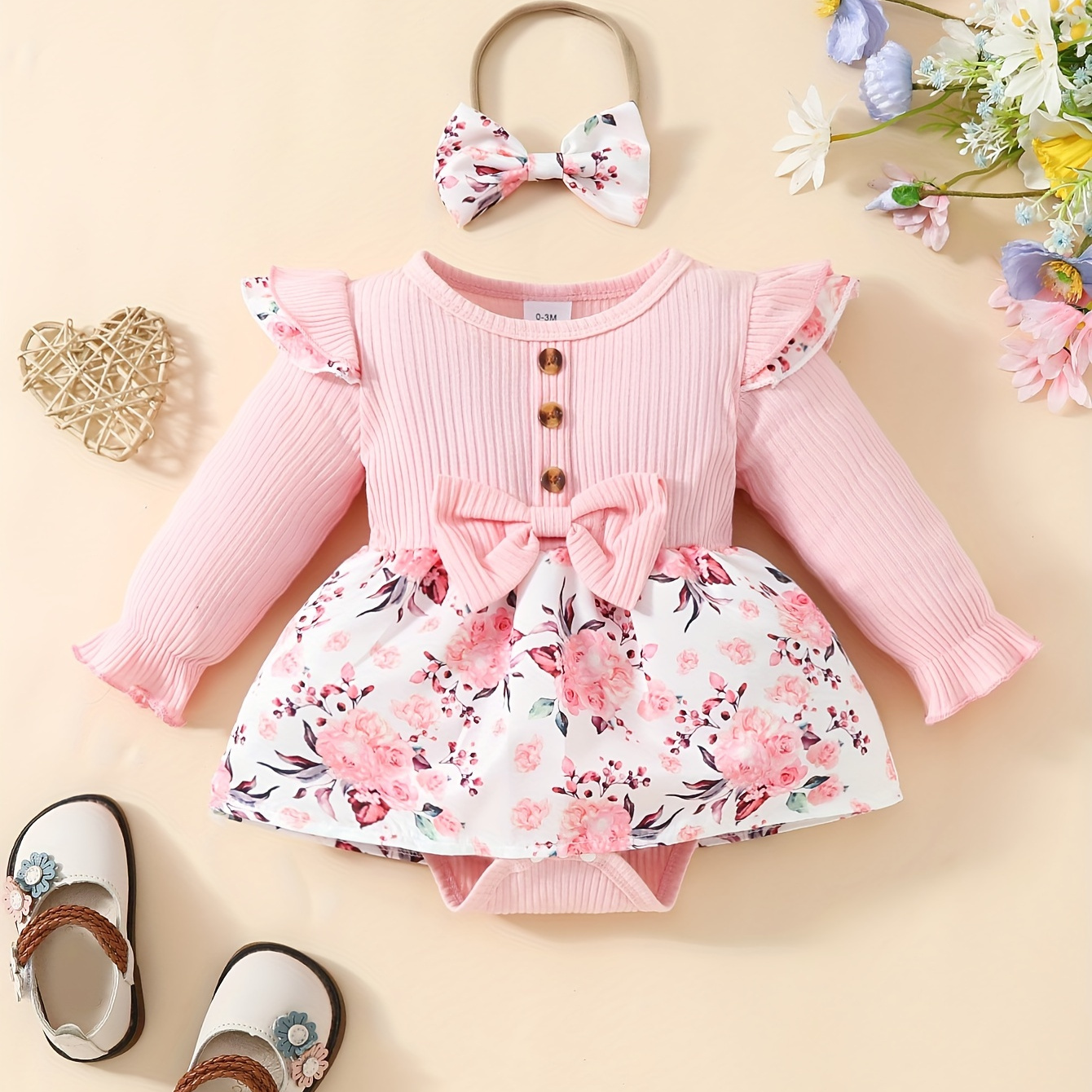 

Newborn Baby Girls Pit Strip Cotton Floral Print Long Sleeve Triangle Romper Dress + Bow