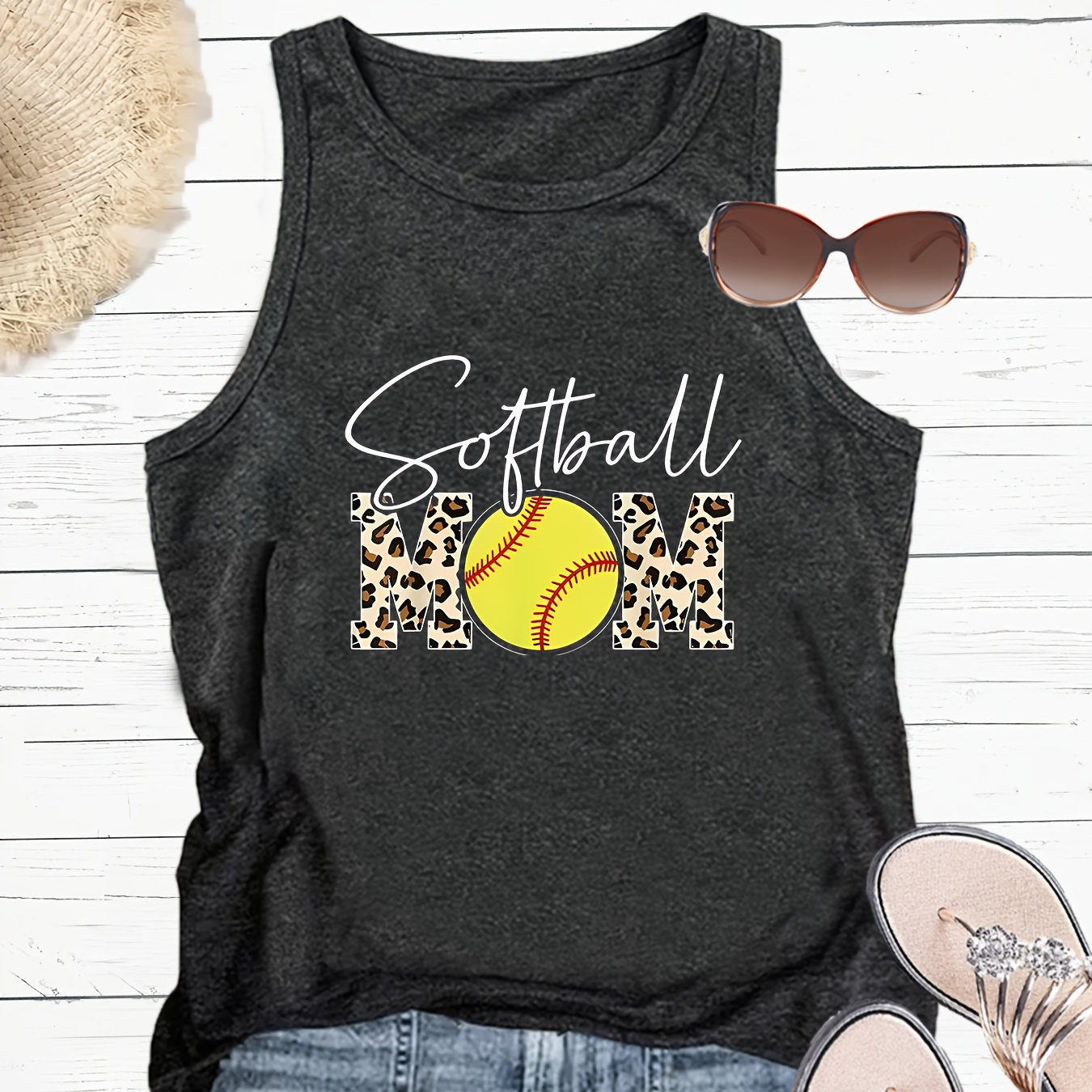 

Softball Print Crew Neck Tank Top, Casual Sleeveless Tank Top For Summer, Women's Clothing
