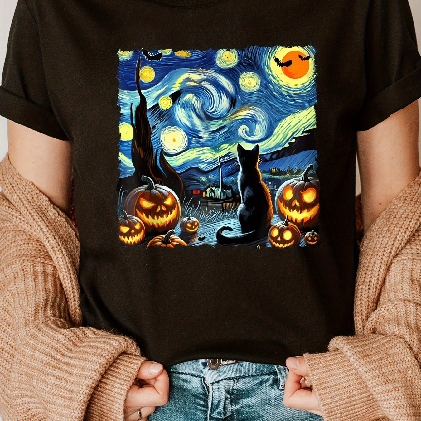 

Women's -inspired T-shirt With Starry Night, Black Cat & Pumpkin Print - Soft Cotton, Crew Neck, Short Sleeve Casual Top For