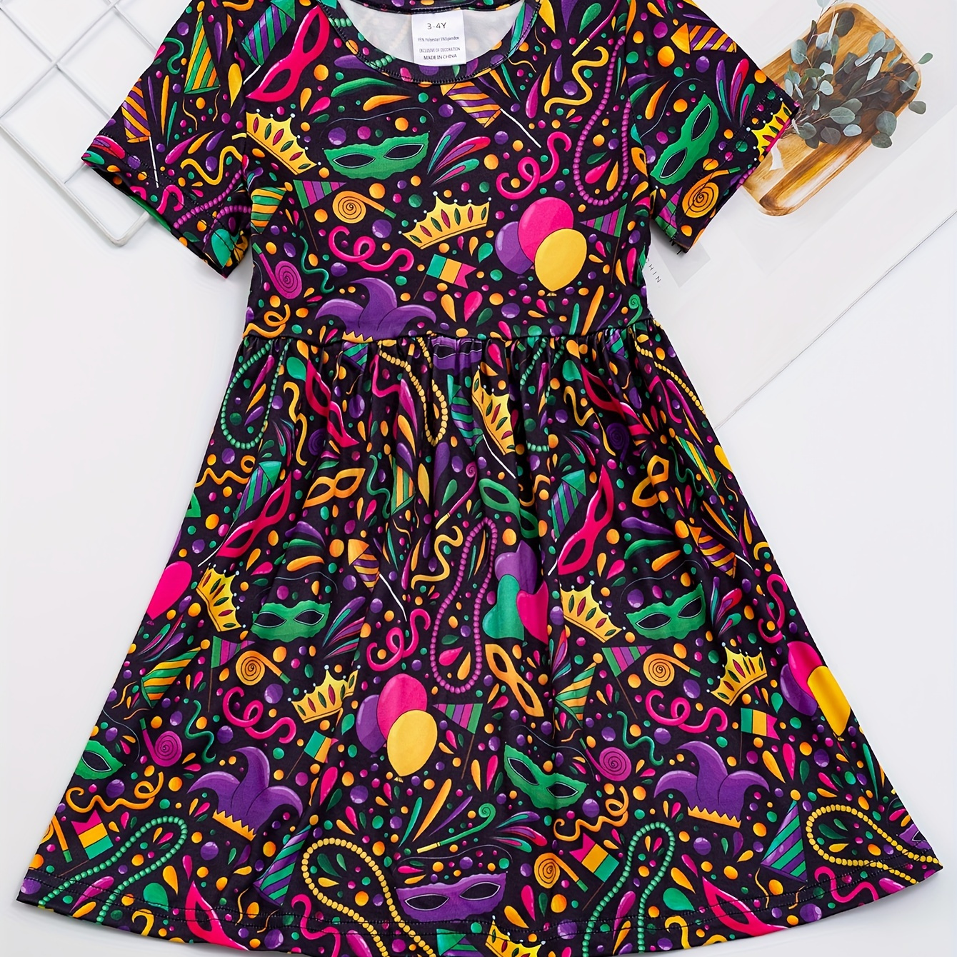 

Girls Stretchy Mardi Gras Pattern Short Sleeve Dress For Party Carnival Mardi Gift Spring Summer Fall