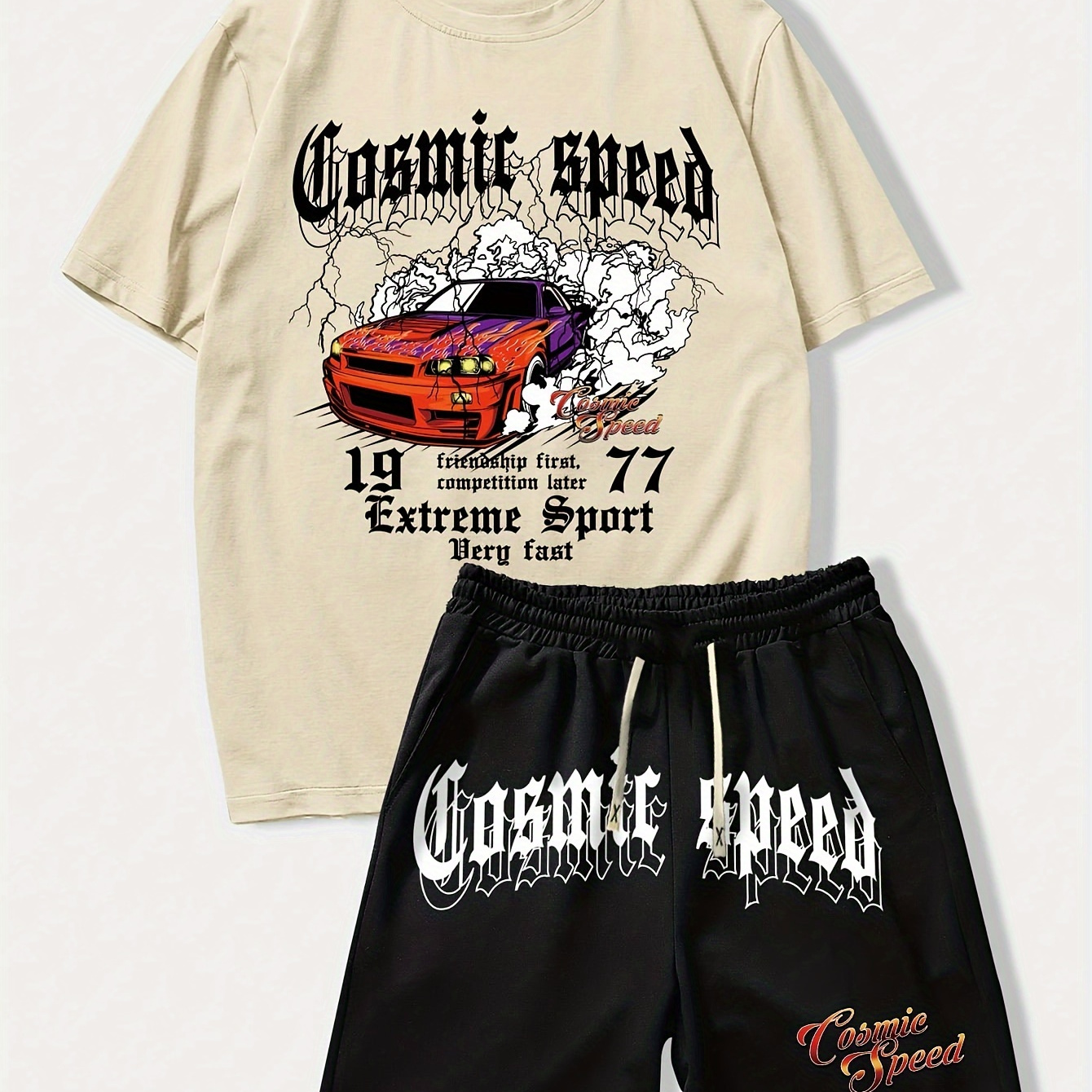 

Cosmic Speed Letter Car Graphic Print Men's 2 Pieces Outfits, Crew Neck Short Sleeve T-shirt & Drawstring Shorts For Summer, Casual Comfy Versatile Co Ord Set For Outdoor Sports & Beach Holiday