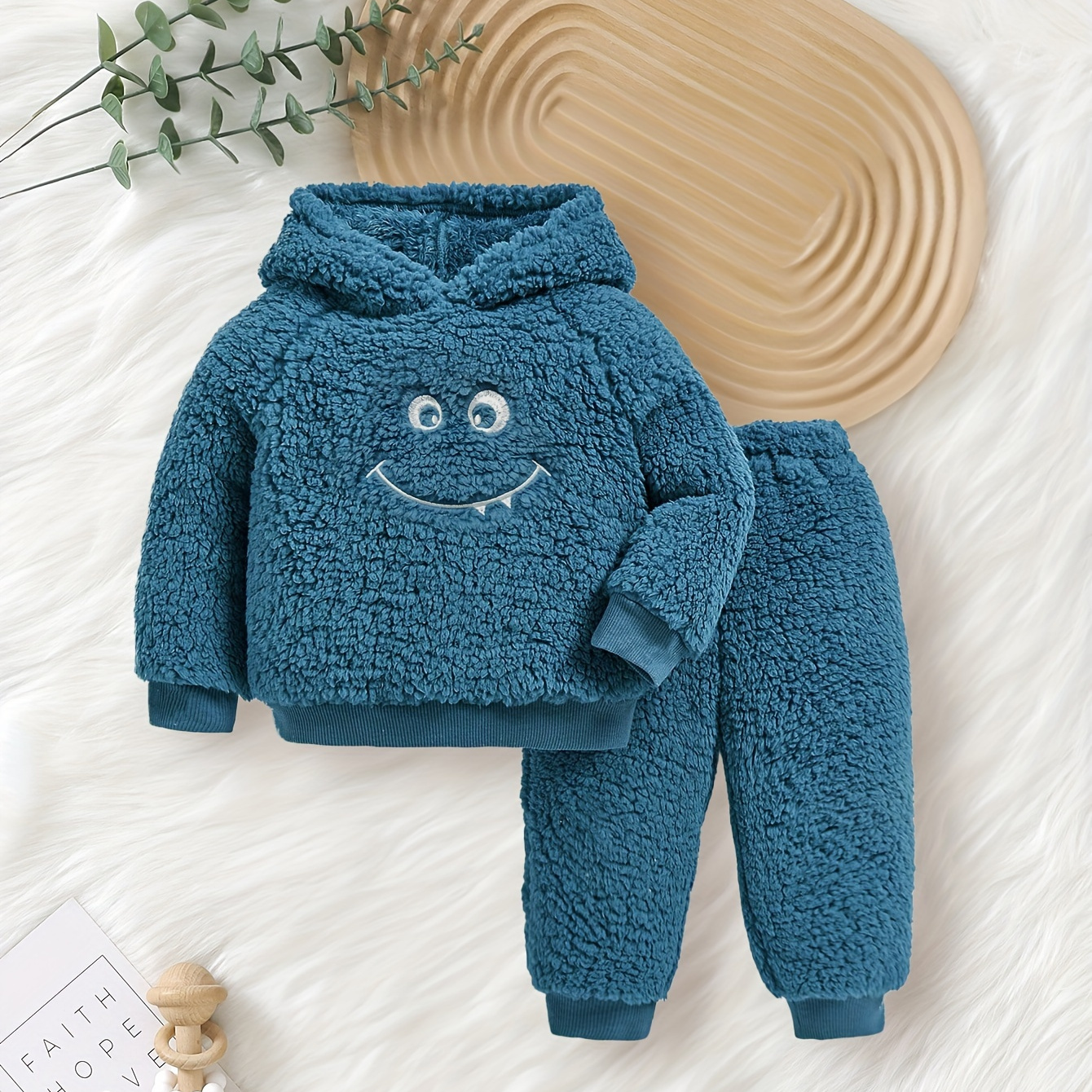 

2pcs Baby's Cute Monster Embroidery Warm Fuzzy Hoodie & Casual Pants, Toddler & Infant Boy's Clothing Set For Fall Winter