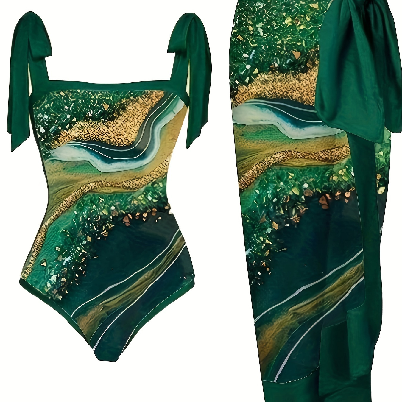 

Plus Size One-piece Swimsuit With Beach Skirt, Conservative Style, Green Abstract Marble Print, Summer Swimwear, Poolside Outfit, Vacation Essential