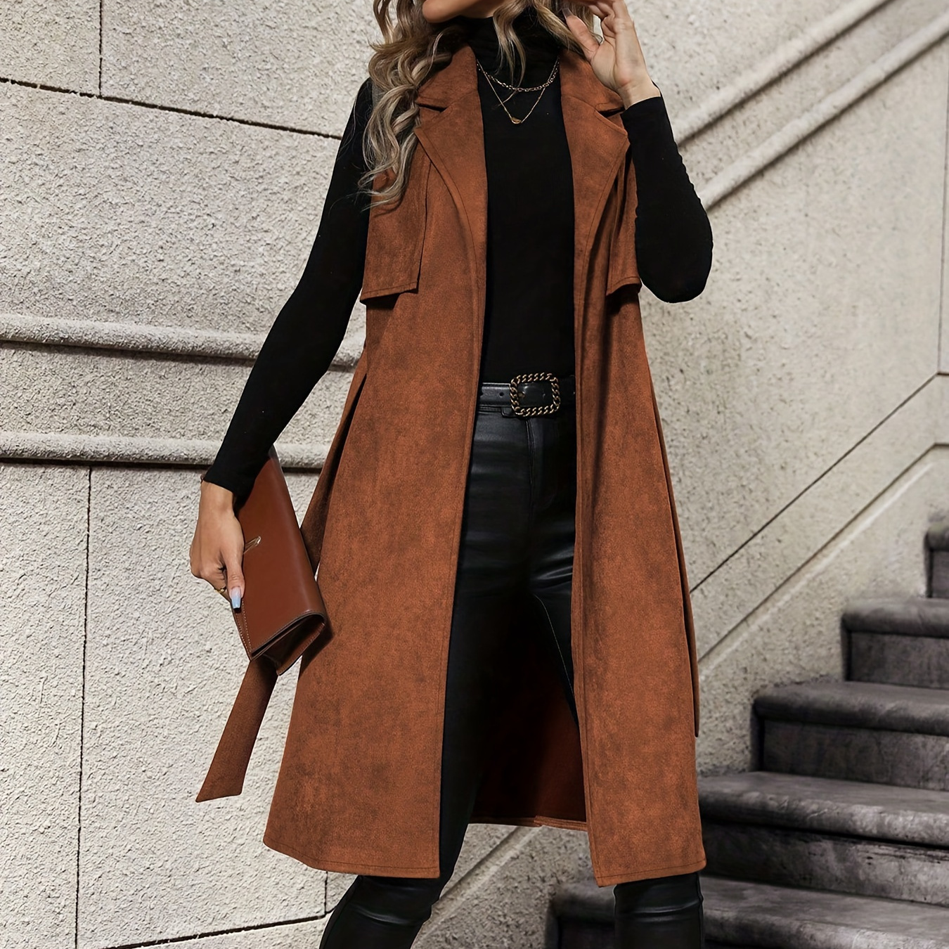 

Elegant Polyester Trench Vest With Belt - Lapel Collar, Knit Fabric, Solid Color, Belted Waist Detail, 95% Polyester 5% Elastane, For All