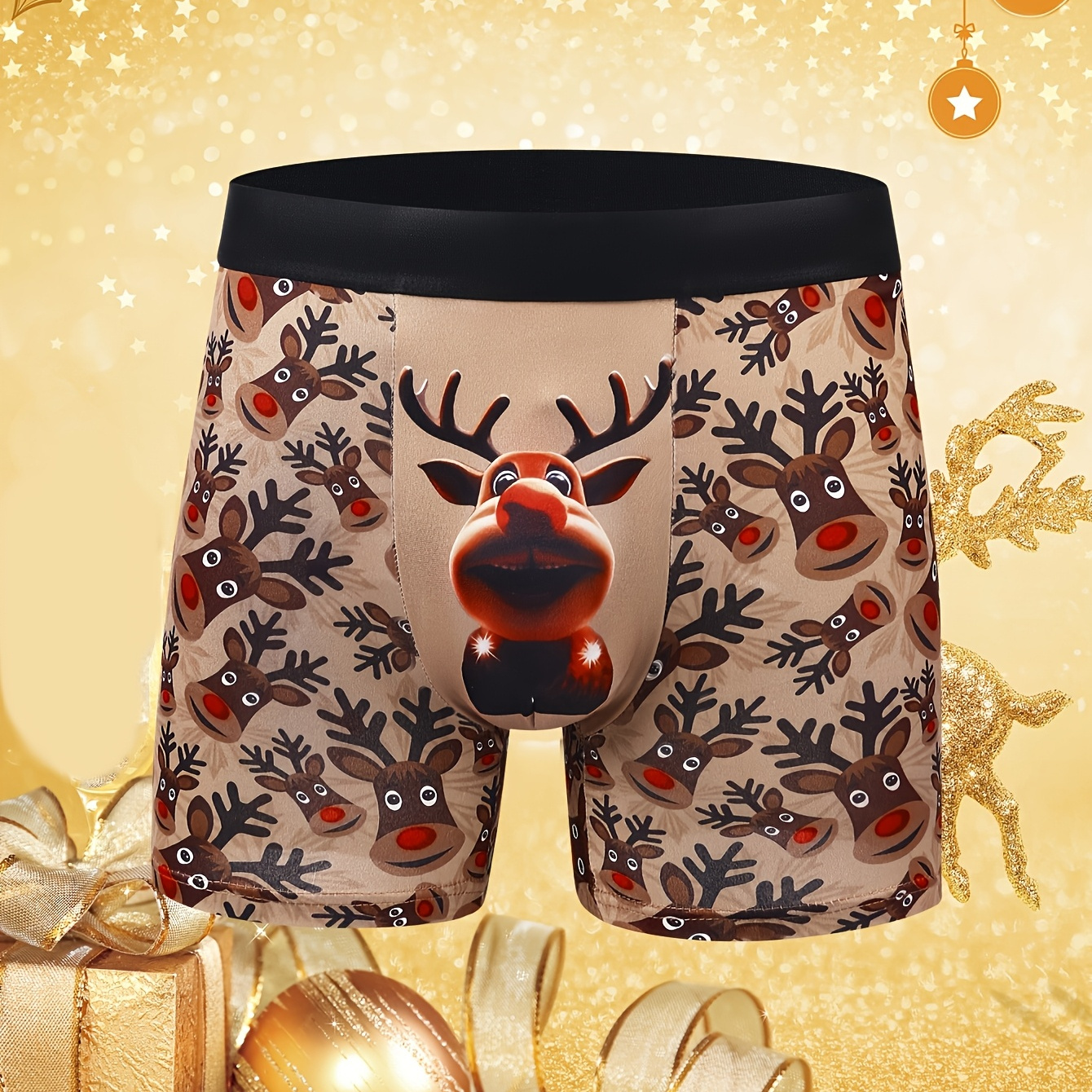 

1pc Of Men's Trendy And Fashionable Printed Reindeer Boxer Underwear, Comfortable And Breathable Four- Pants, As A Gift