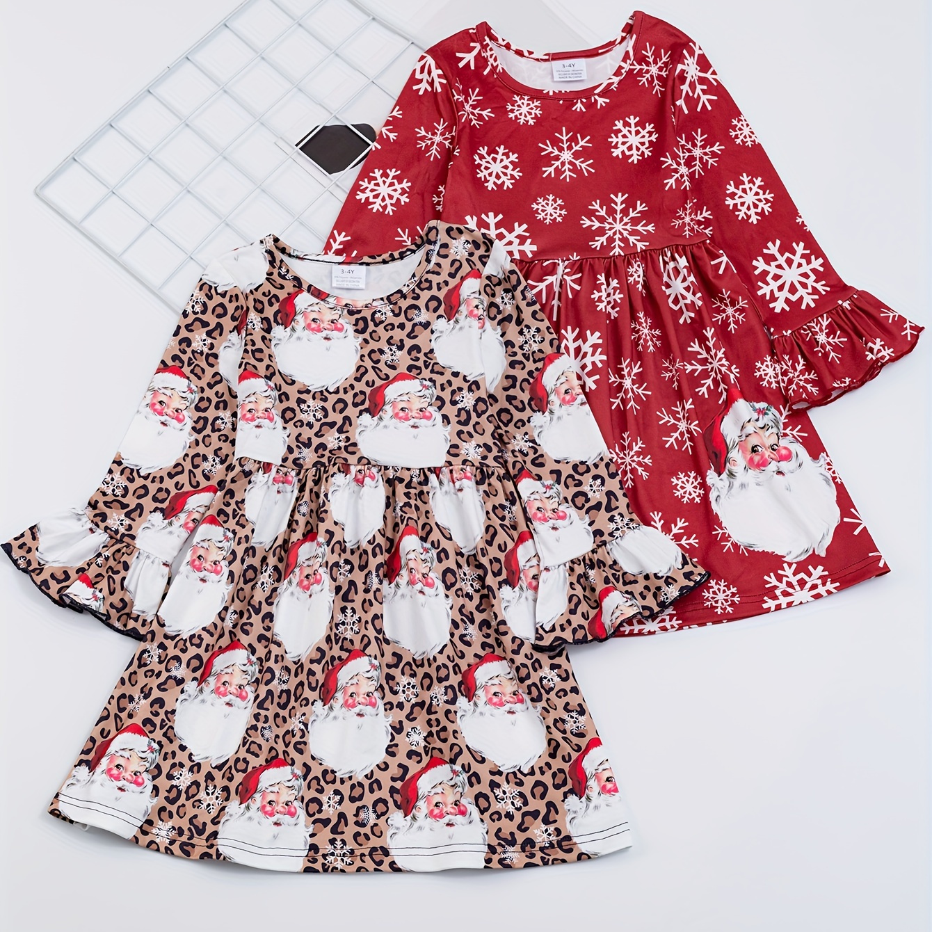 

2pcs Girl's Christmas Style Dress, Cartoon Santa/christmas Tree/gingerbread Man Pattern Trumpet Sleeve Dress, Kid's Clothes For Spring Fall
