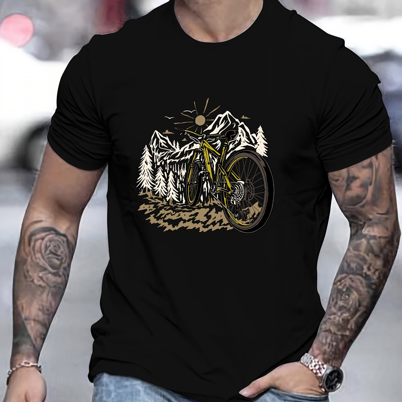 

Mountain Bike Print T Shirt, Tees For Men, Casual Short Sleeve T-shirt For Summer