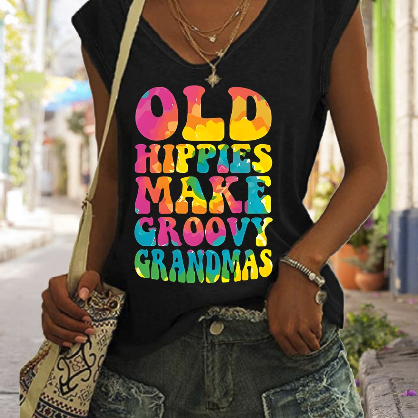 

Hippies Letter Print Tank Top, Cap Sleeve Casual Top For Summer & Spring, Women's Clothing