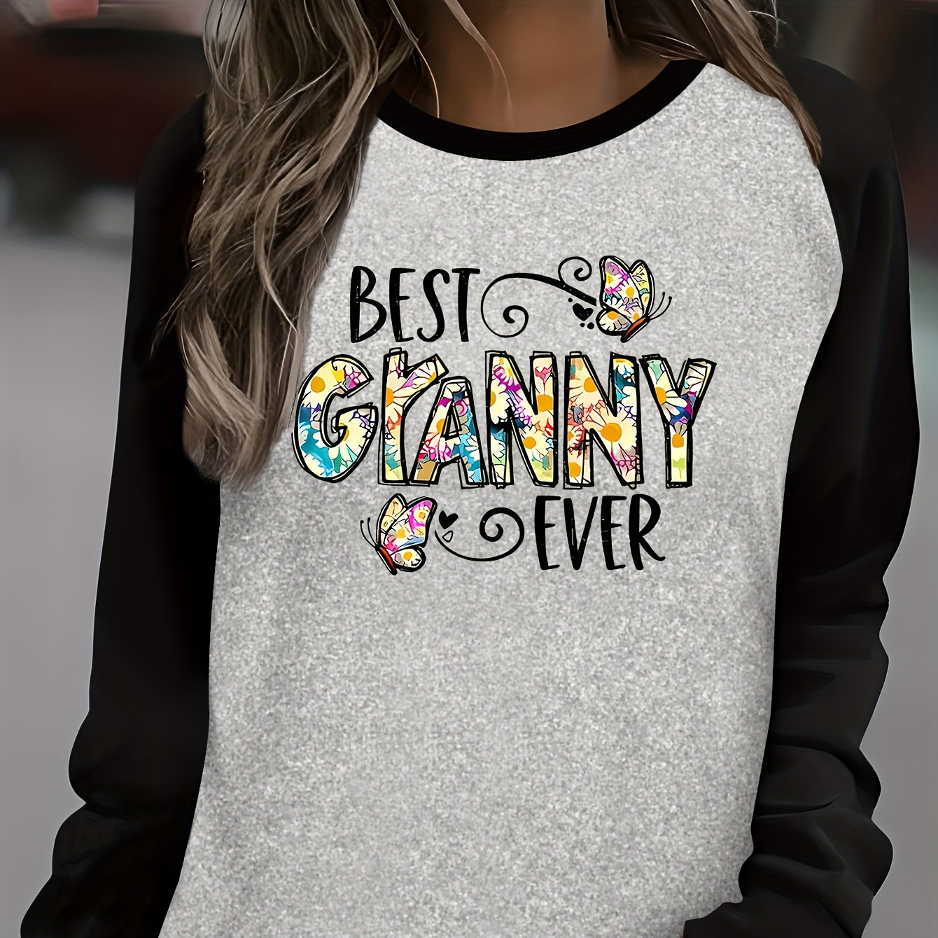 

Best Grandma Ever Letter Print Long Sleeve T-shirt - Casual Polyester Knit Fabric With Round Neckline And Applique Detail - All Season Comfort