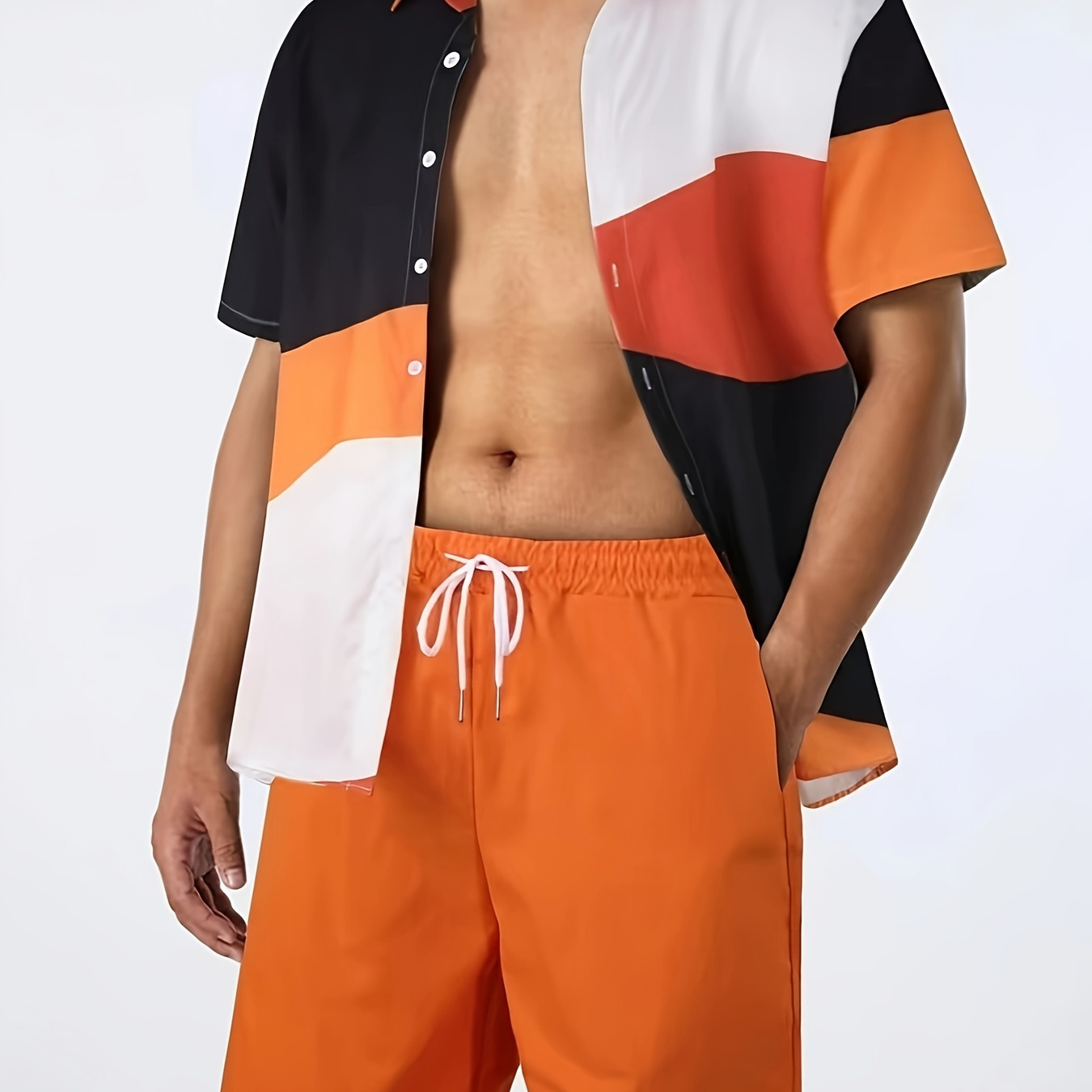 

Men's Casual 2pcs Set, Color Block Hawaiian Shirt + Active Shorts Matching Co Ord Set For Summer