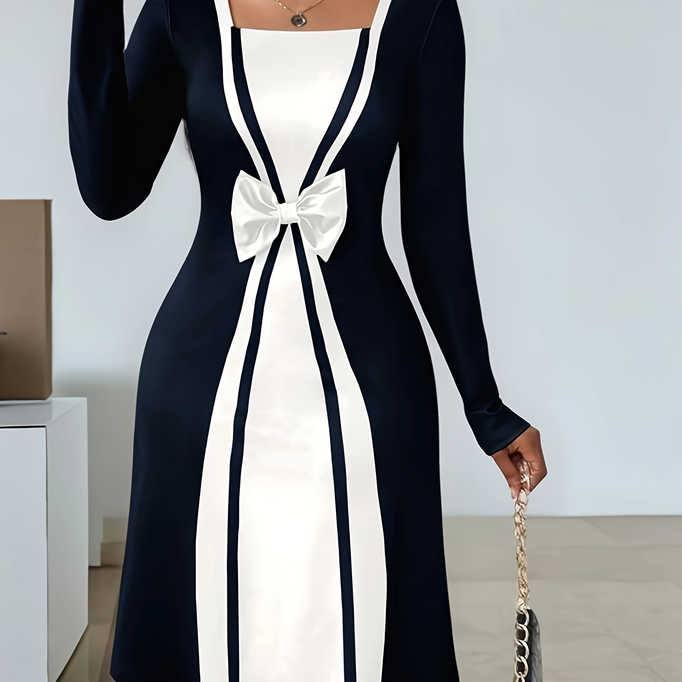 

Elegant Mid-length Dress With Bow Detail, Square Neckline, Long Sleeves - Soft Polyester Blend, Stretch Fabric For Parties, Dance, Home, Nightclub, European And , Print, Hip, Sensual