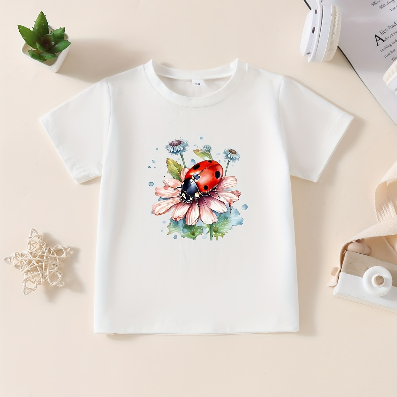

Ladybug & Floral Graphic Print Creative T-shirts, Soft & Elastic Comfy Cotton Crew Neck Short Sleeve Tee, Girls' Spring/summer Tops