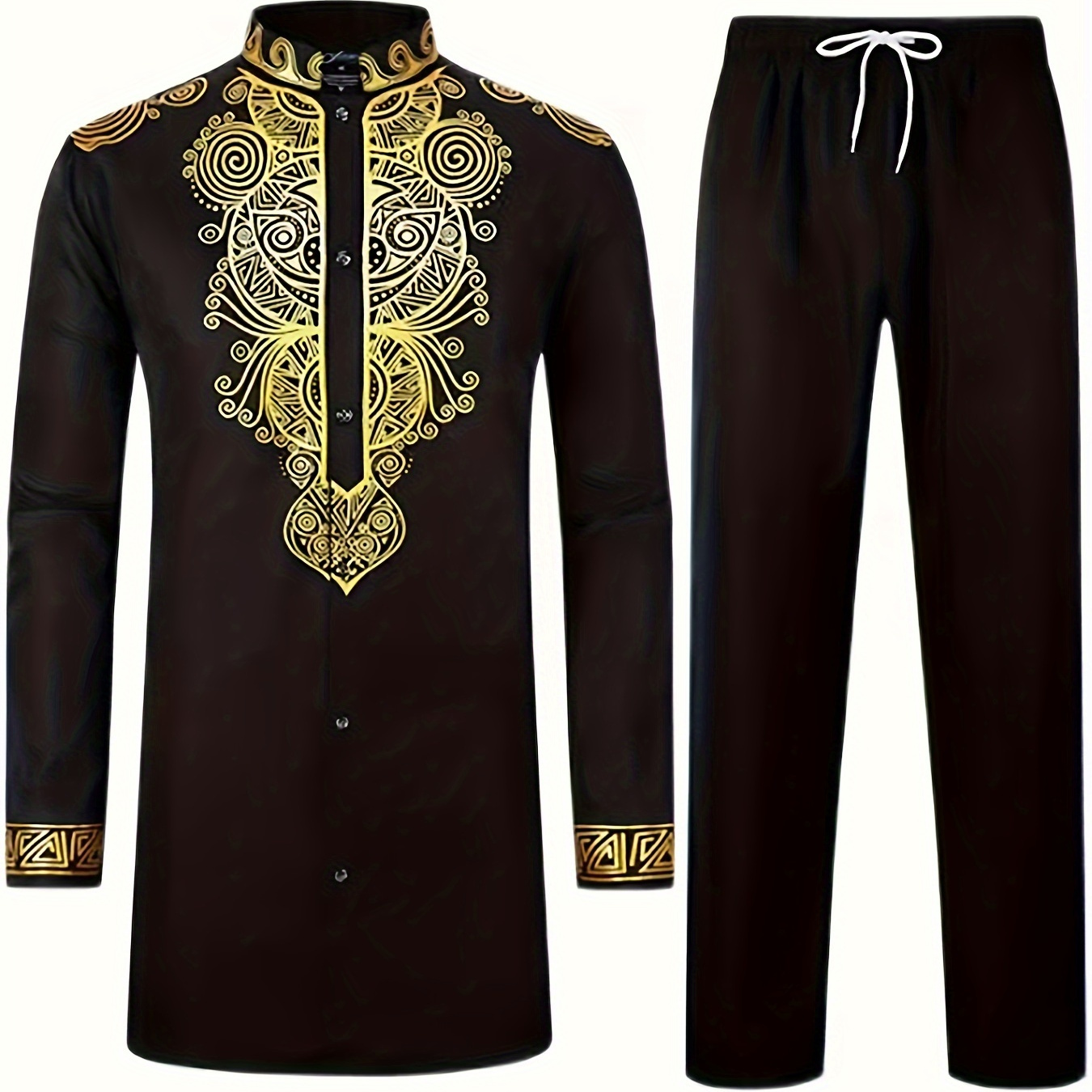

2-piece Men's Traditional African Outfit Set With Exquisite Embroidery Design, Long Sleeve Button Up African Shirt And Pants Set