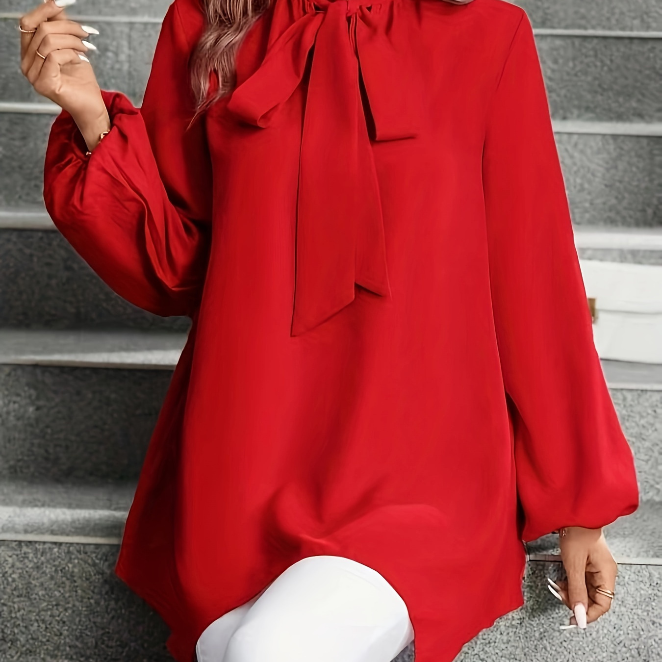 

[customer ] Elegant Women' Color Casual Blouse With Tie-neck And Long Sleeves - Machine Washable, Polyester
