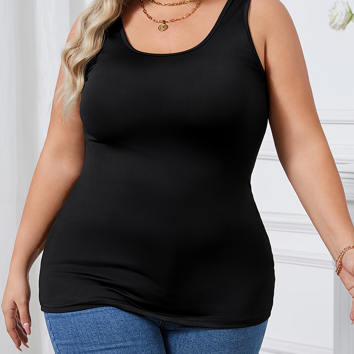 

Débardeur Basique Pour Femmes, Taille Plus, Col Rond Solide, Ajustement Slim, Légèrement Extensible