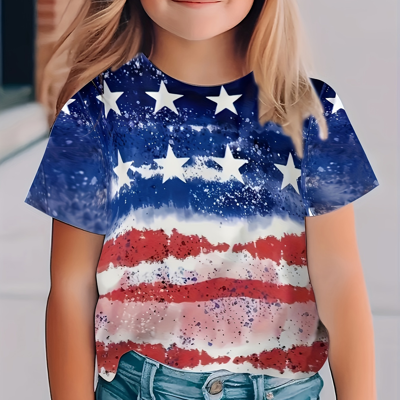 

Girls 3d Star Graphic American Flag Pattern Crew Neck Short Sleeve T-shirt, Comfy Breathable Tees For Summer Independence Day Gift