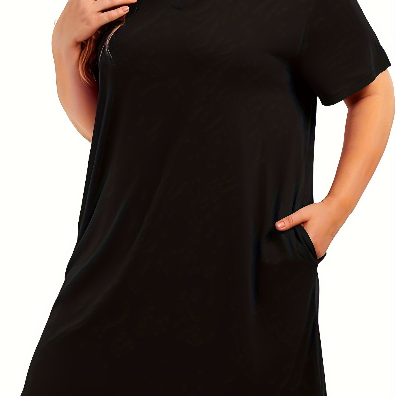 

Women's Plus Casual Sleep Dress, Plus Size Solid Short Sleeve V Neck Nightdress With Pockets